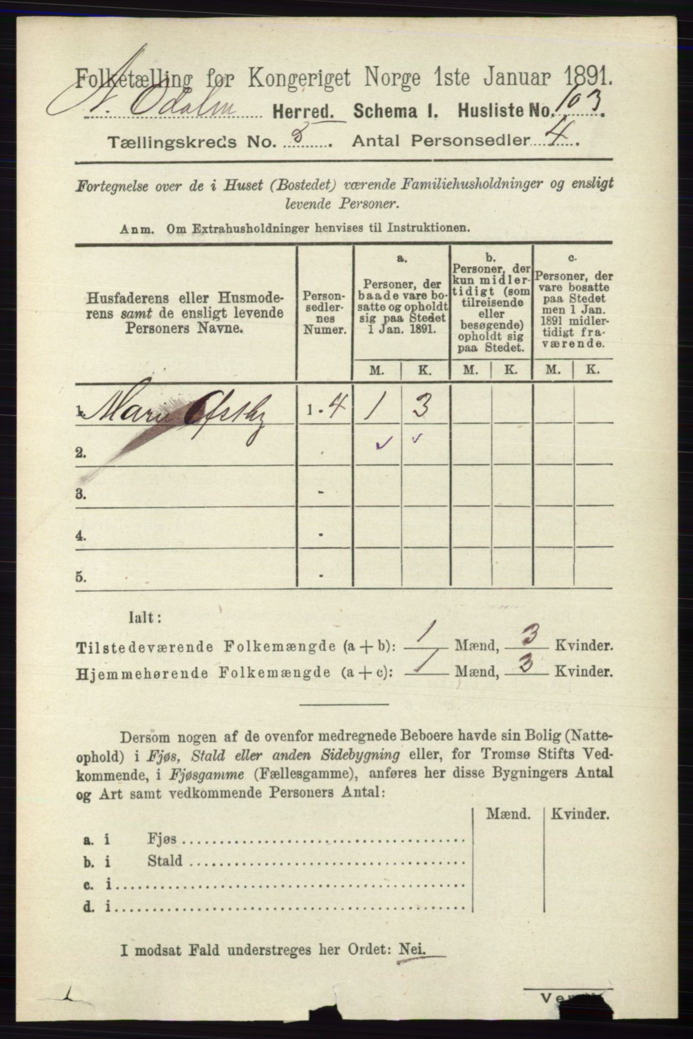 RA, 1891 census for 0418 Nord-Odal, 1891, p. 1544