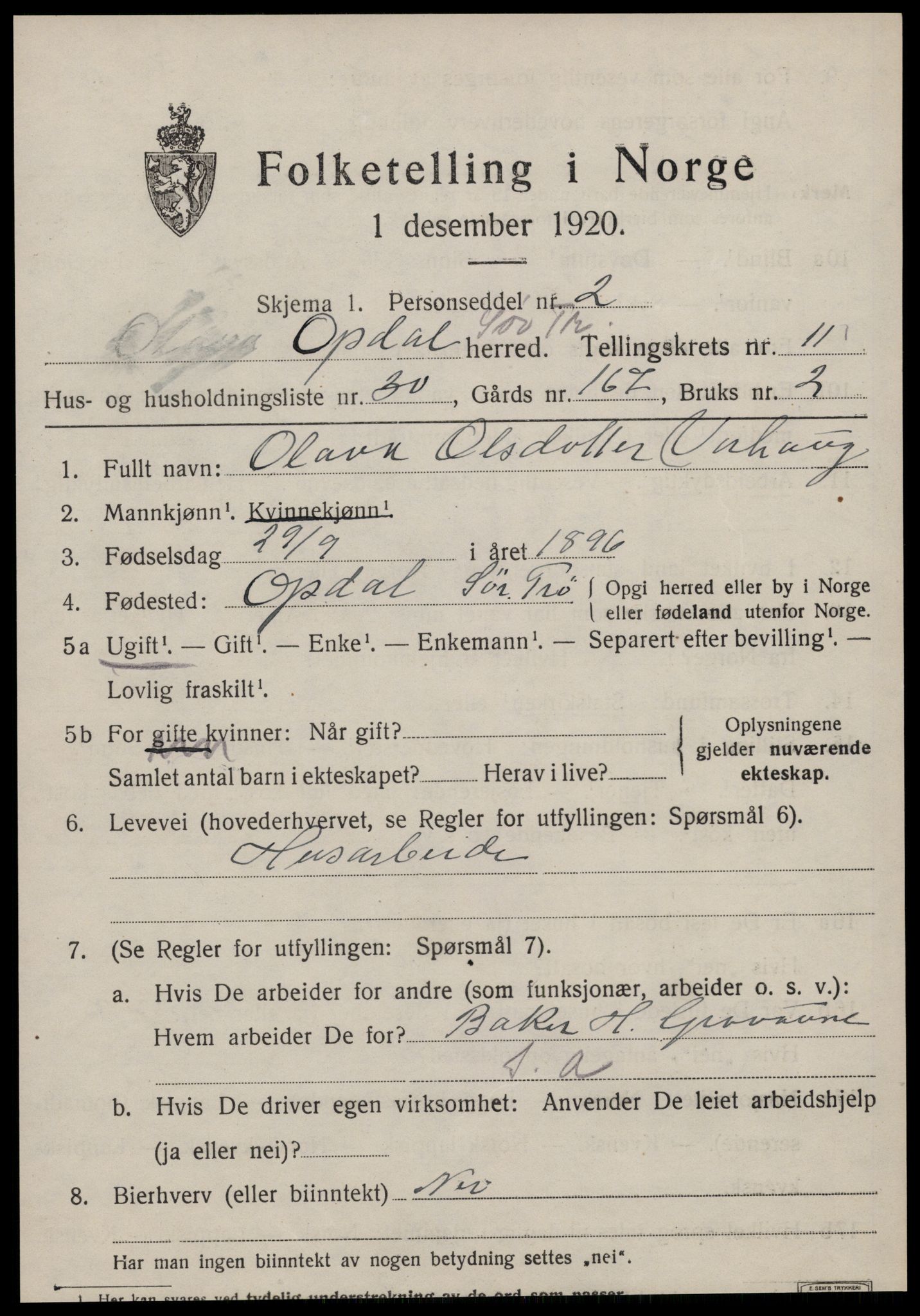 SAT, 1920 census for Oppdal, 1920, p. 9577