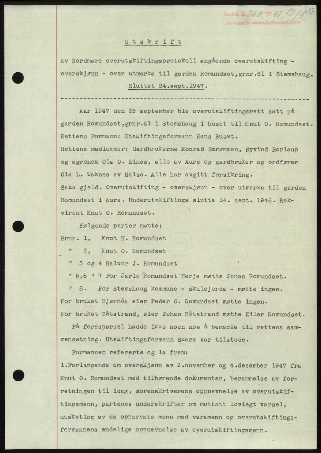 Nordmøre sorenskriveri, AV/SAT-A-4132/1/2/2Ca: Mortgage book no. A107, 1947-1948, Diary no: : 362/1948