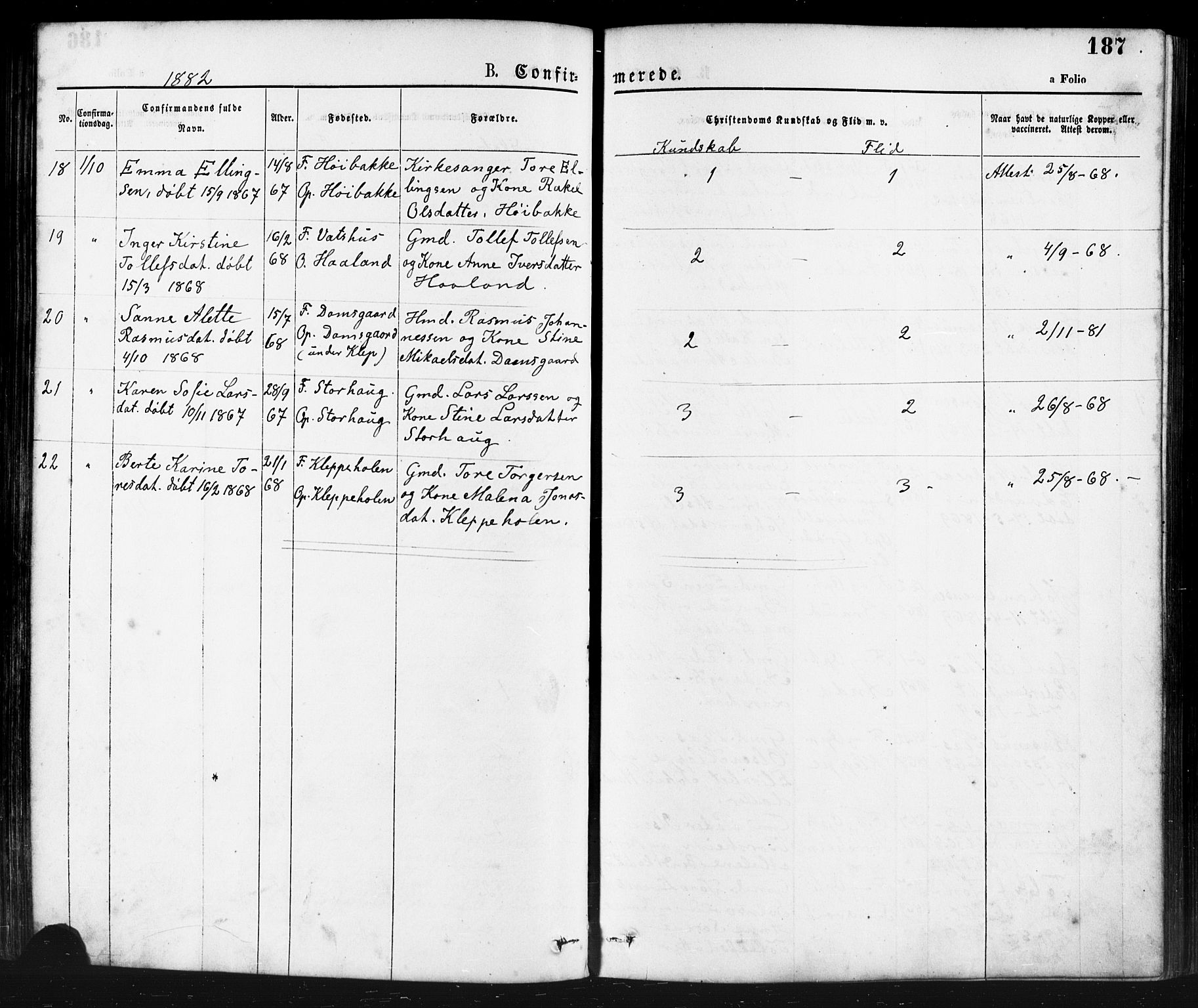 Klepp sokneprestkontor, AV/SAST-A-101803/001/3/30BA/L0006: Parish register (official) no. A 6, 1871-1885, p. 187