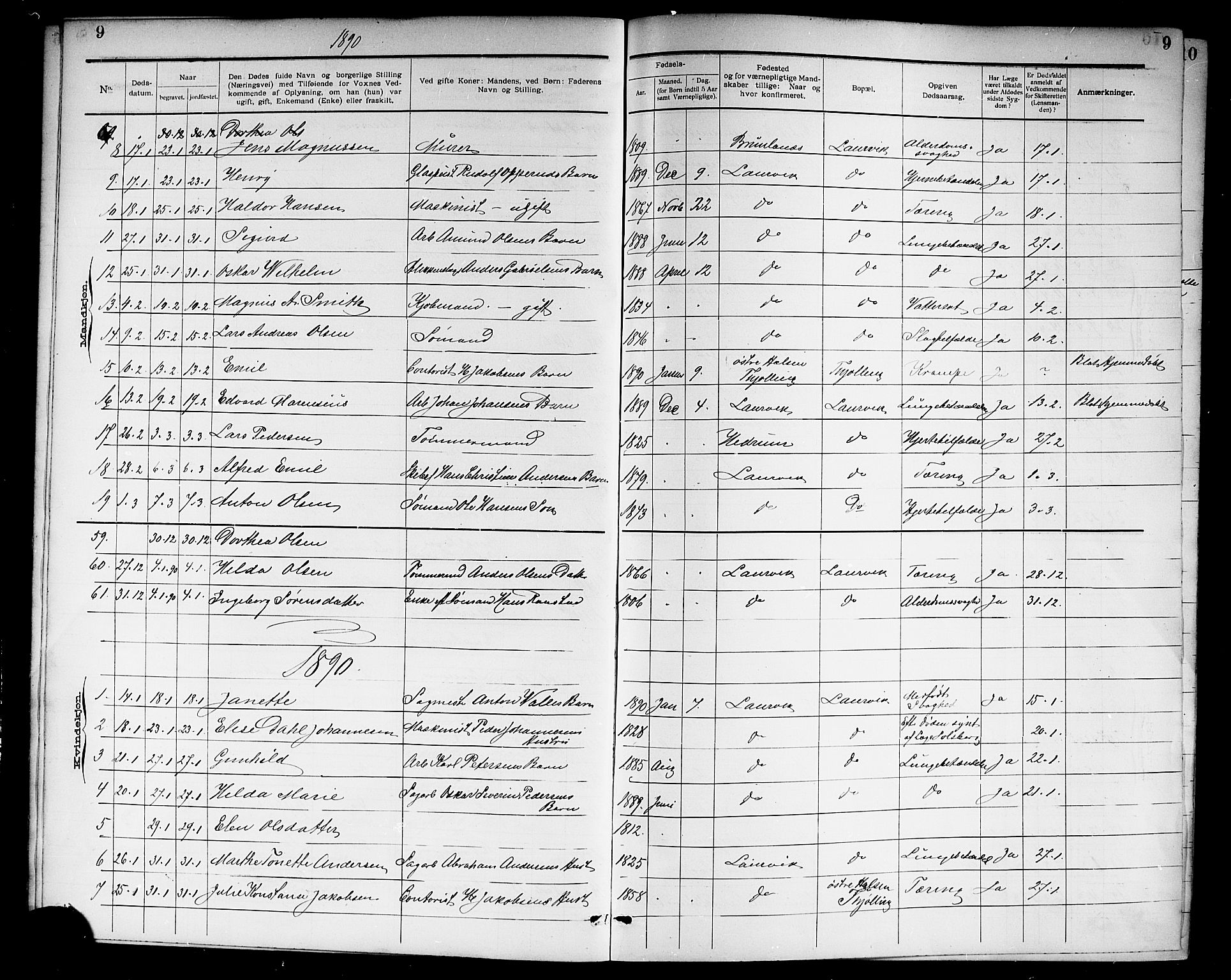 Larvik kirkebøker, SAKO/A-352/G/Ga/L0007: Parish register (copy) no. I 7, 1888-1918, p. 9