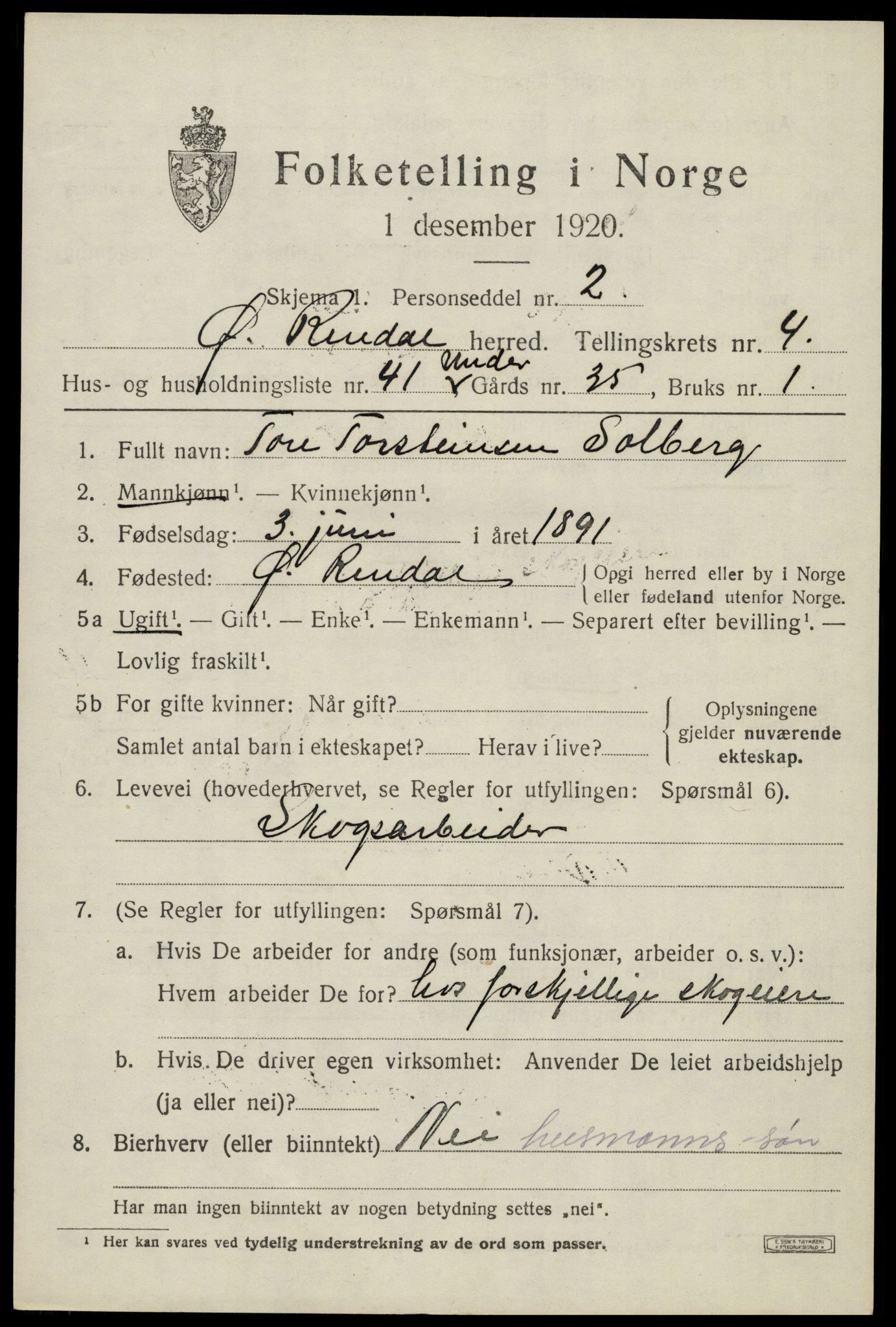 SAH, 1920 census for Øvre Rendal, 1920, p. 2039