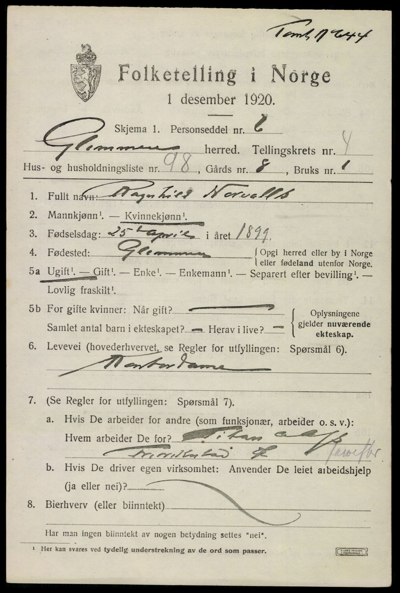 SAO, 1920 census for Glemmen, 1920, p. 16711