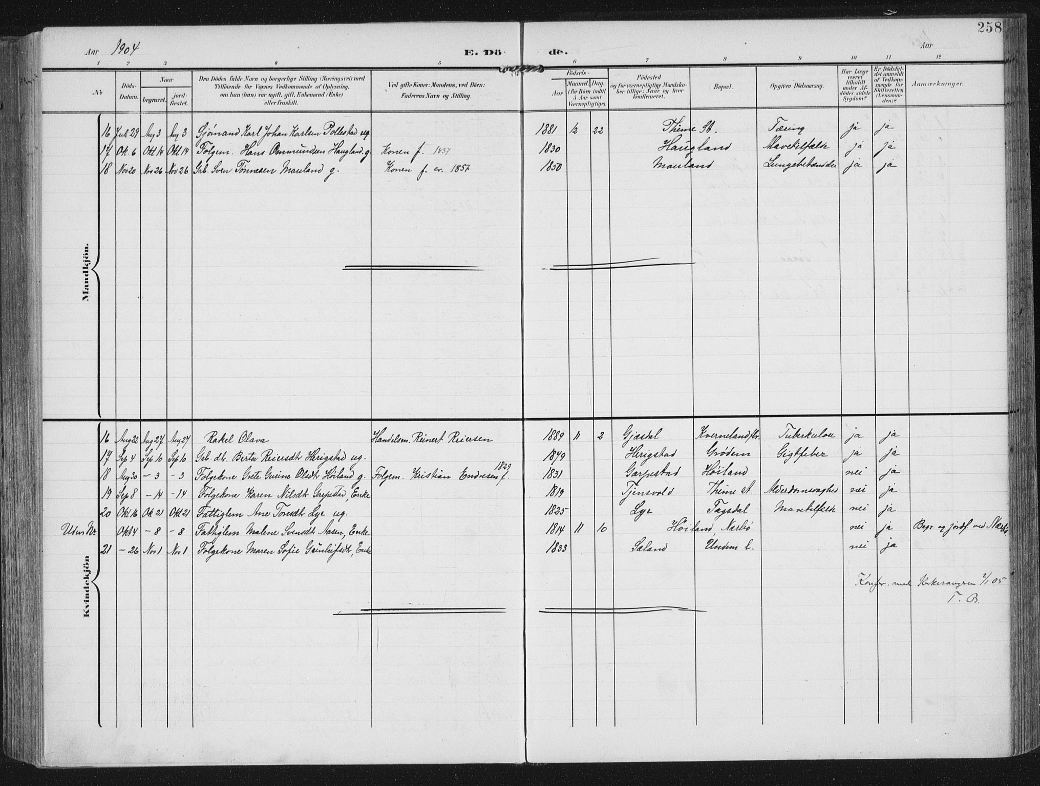 Lye sokneprestkontor, SAST/A-101794/002/A/L0001: Parish register (official) no. A 12, 1904-1920, p. 258
