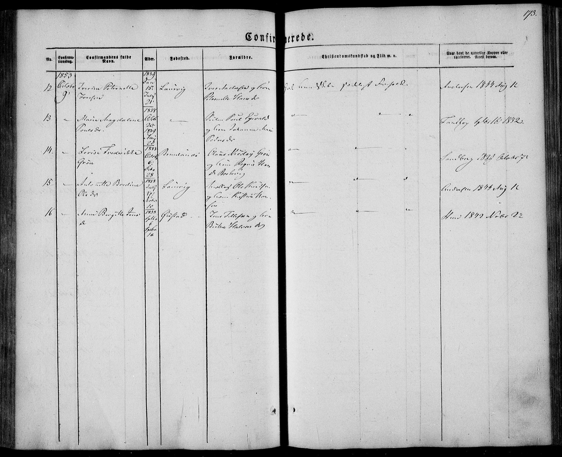 Larvik kirkebøker, AV/SAKO-A-352/F/Fa/L0003: Parish register (official) no. I 3, 1848-1856, p. 173