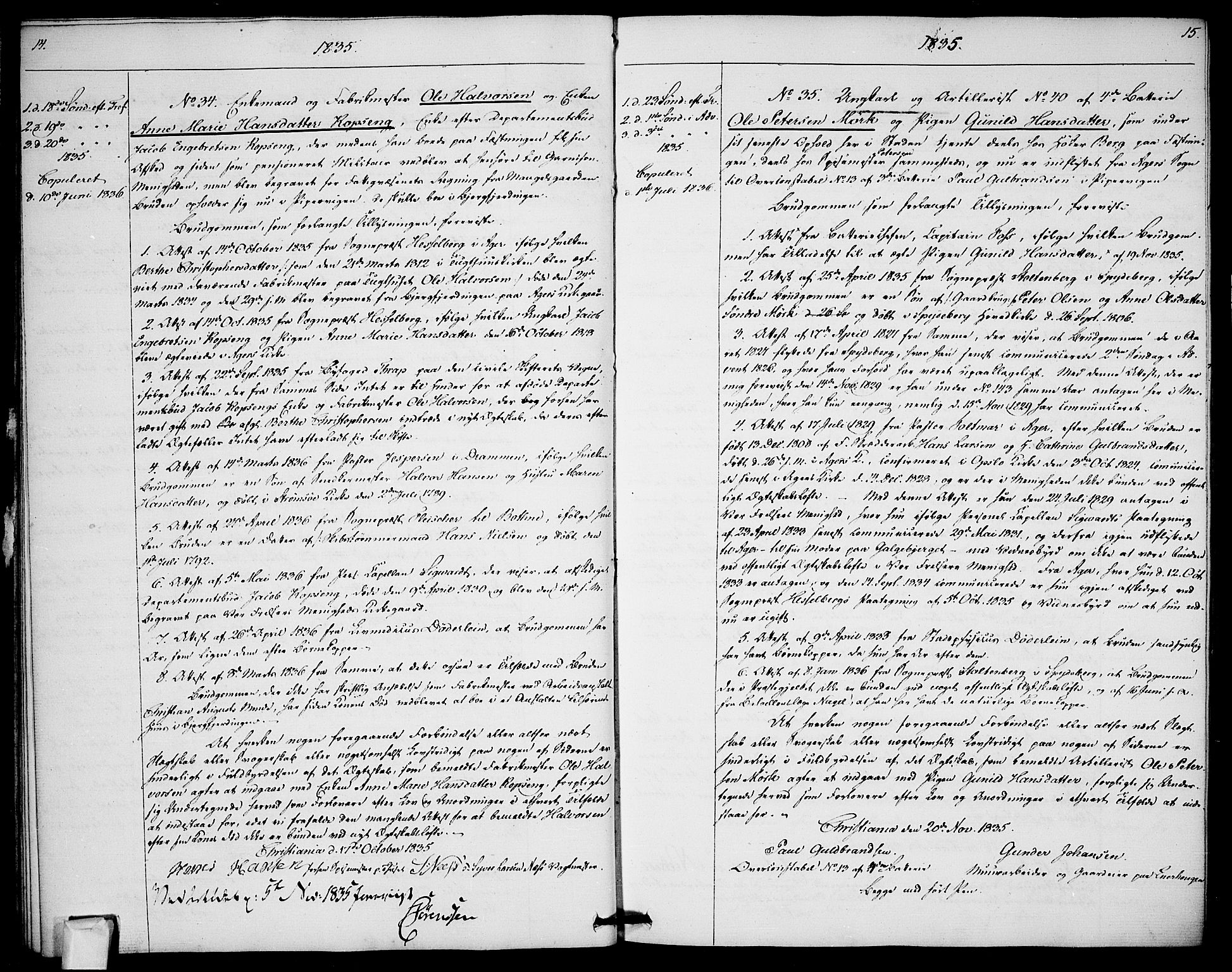 Garnisonsmenigheten Kirkebøker, AV/SAO-A-10846/H/Ha/L0003: Banns register no. I 3, 1835-1840, p. 14-15