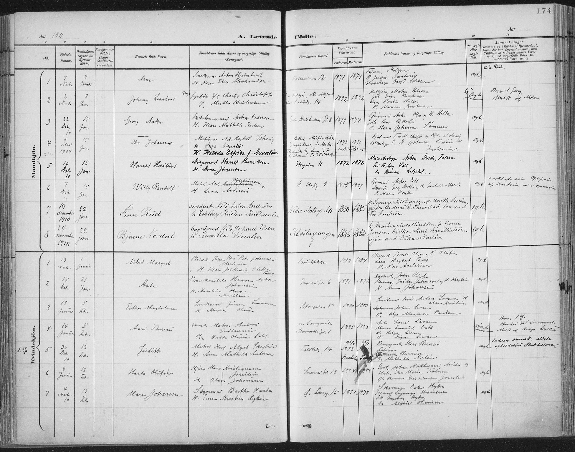 Tønsberg kirkebøker, SAKO/A-330/F/Fa/L0014: Parish register (official) no. I 14, 1900-1913, p. 174
