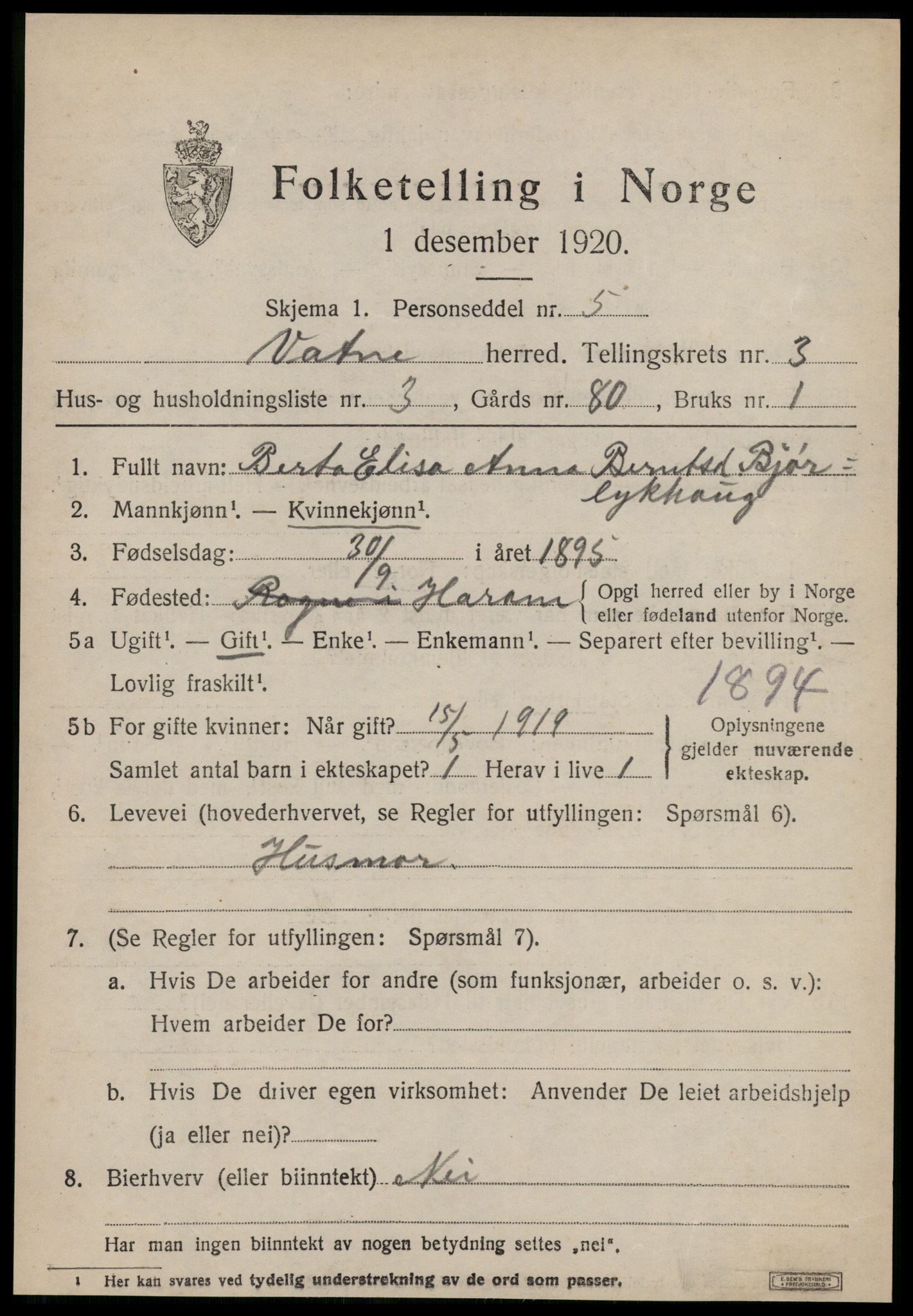 SAT, 1920 census for Vatne, 1920, p. 1432