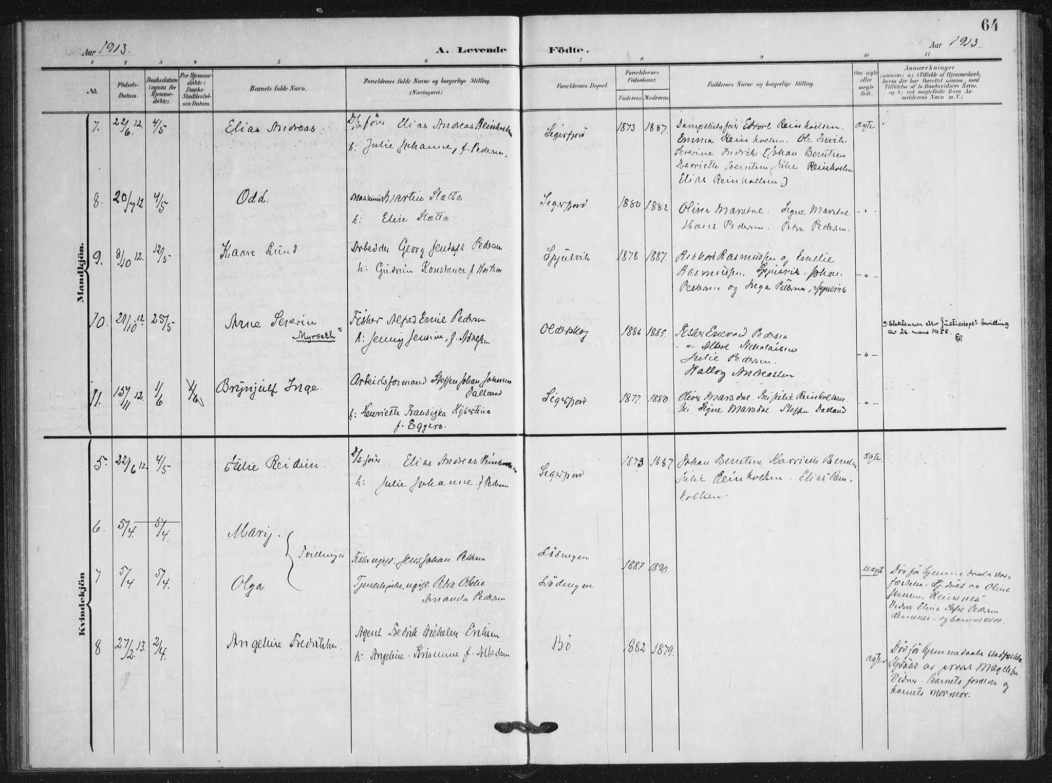 Ministerialprotokoller, klokkerbøker og fødselsregistre - Nordland, AV/SAT-A-1459/895/L1373: Parish register (official) no. 895A08, 1905-1915, p. 64