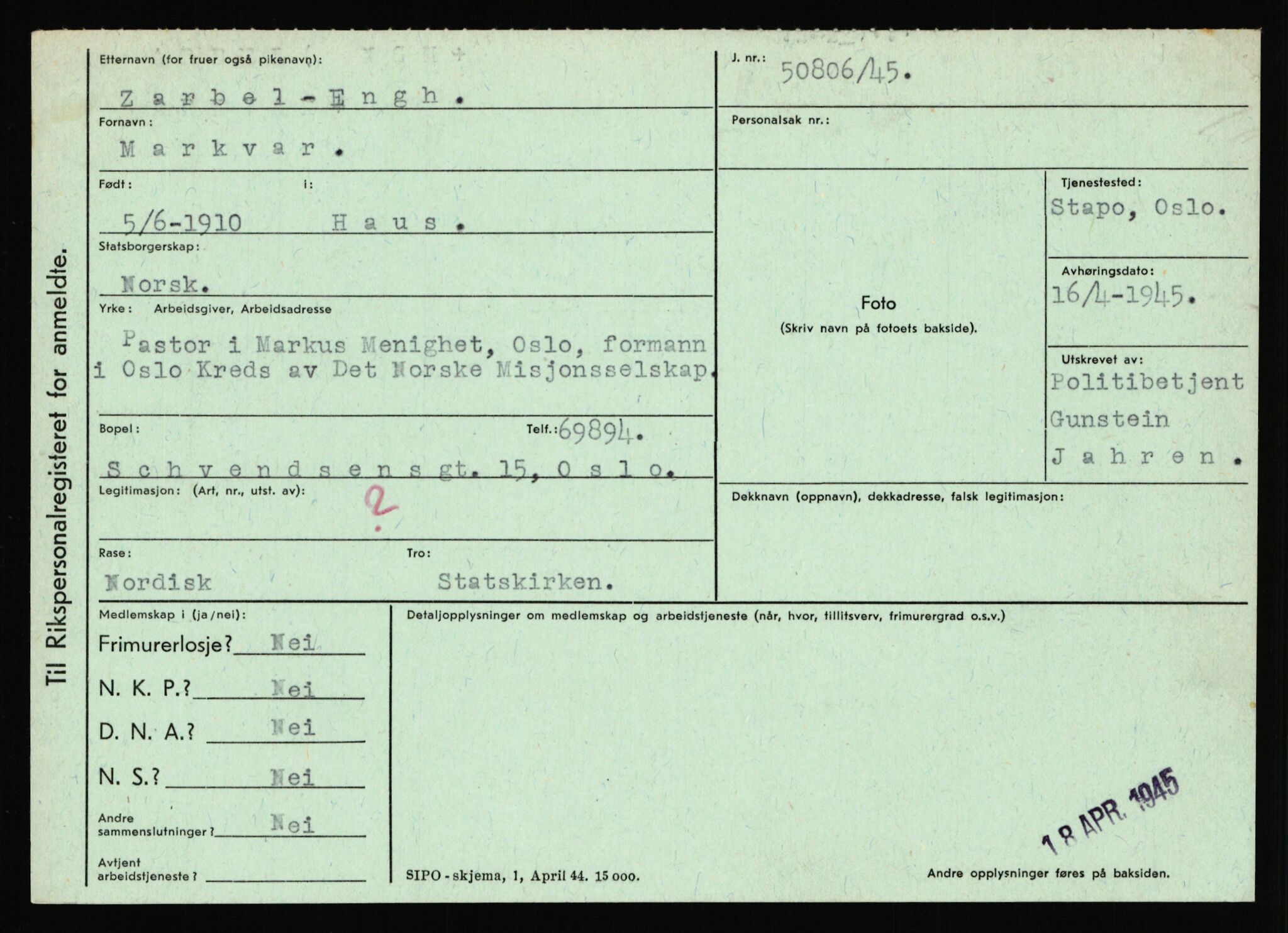 Statspolitiet - Hovedkontoret / Osloavdelingen, AV/RA-S-1329/C/Ca/L0016: Uberg - Øystese, 1943-1945, p. 3292