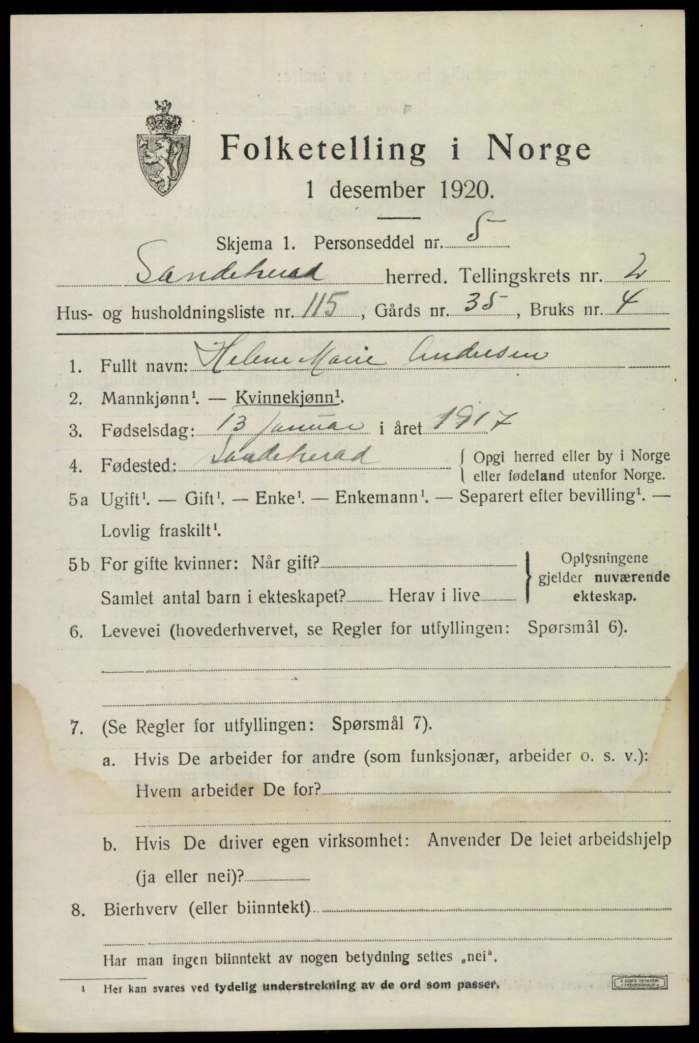 SAKO, 1920 census for Sandeherred, 1920, p. 5214