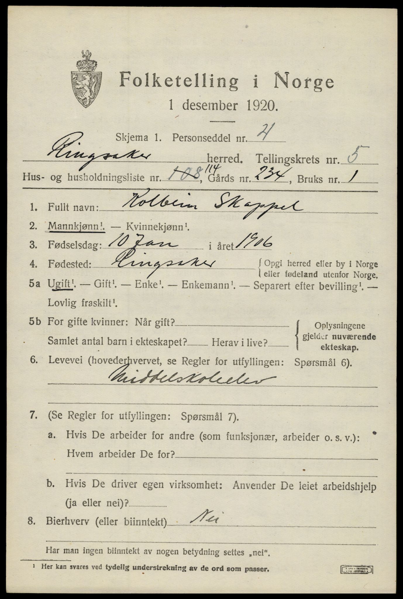 SAH, 1920 census for Ringsaker, 1920, p. 11180