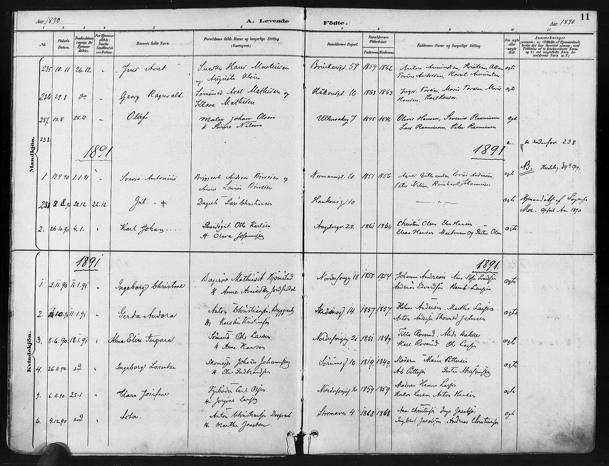 Kampen prestekontor Kirkebøker, AV/SAO-A-10853/F/Fa/L0005: Parish register (official) no. I 5, 1890-1902, p. 11