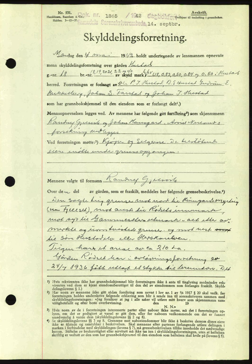 Romsdal sorenskriveri, AV/SAT-A-4149/1/2/2C: Mortgage book no. A12, 1942-1942, Diary no: : 1865/1942