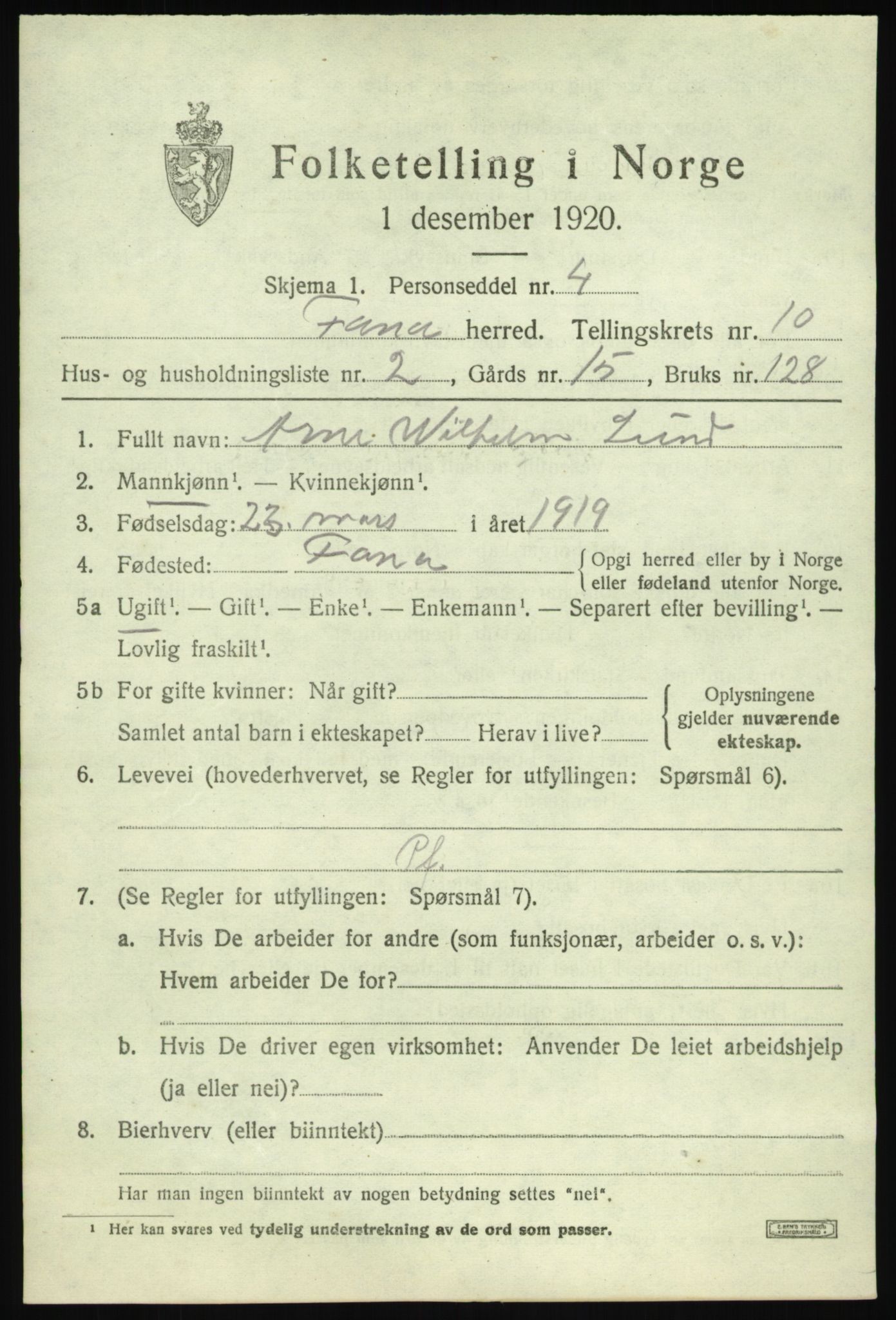 SAB, 1920 census for Fana, 1920, p. 16607