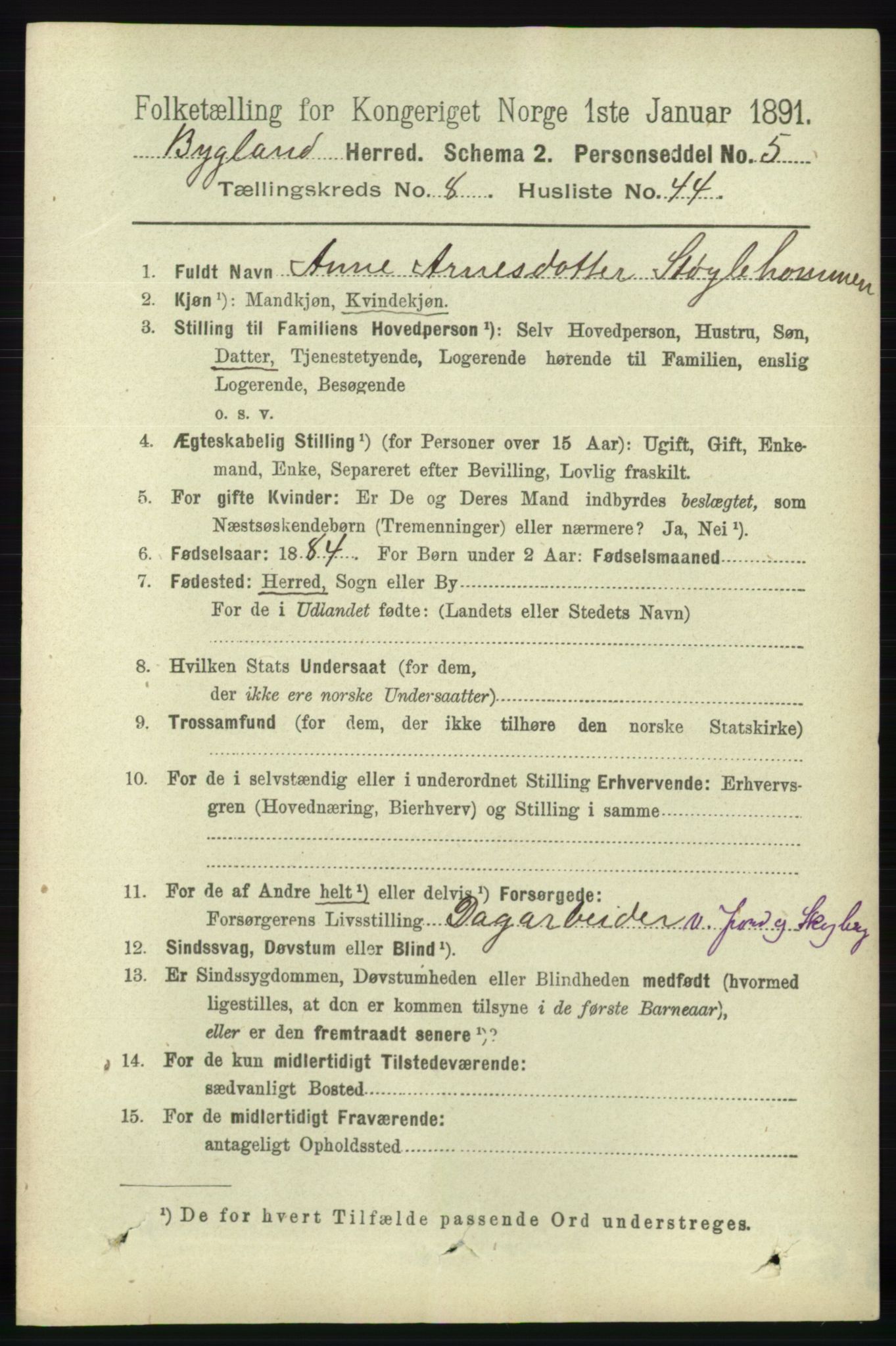 RA, 1891 census for 0938 Bygland, 1891, p. 2189