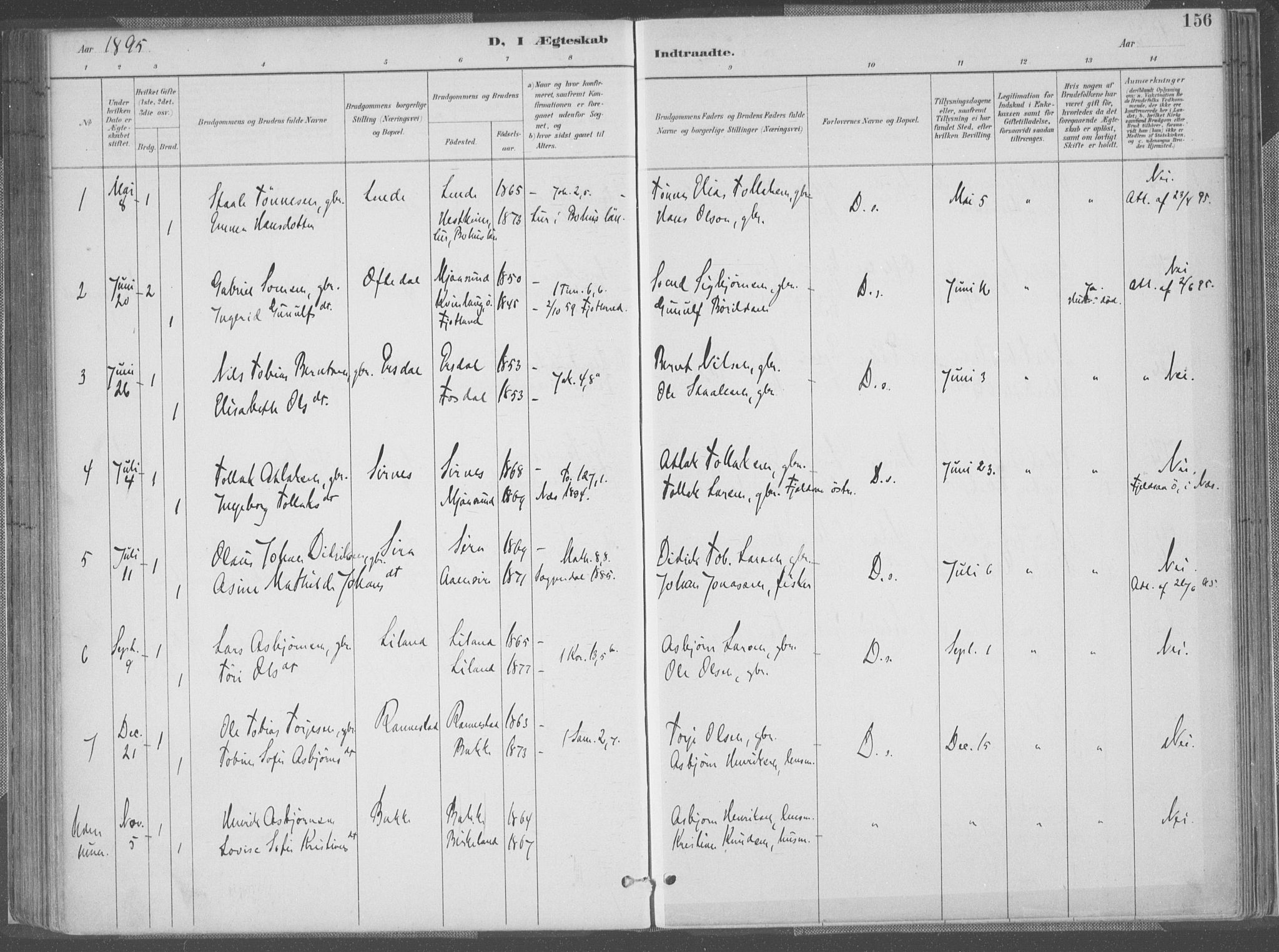 Bakke sokneprestkontor, SAK/1111-0002/F/Fa/Faa/L0008: Parish register (official) no. A 8, 1887-1911, p. 156