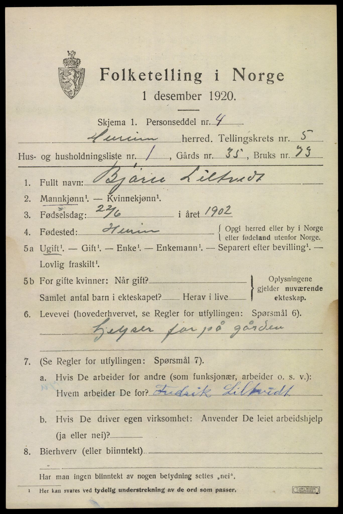 SAKO, 1920 census for Hurum, 1920, p. 6102