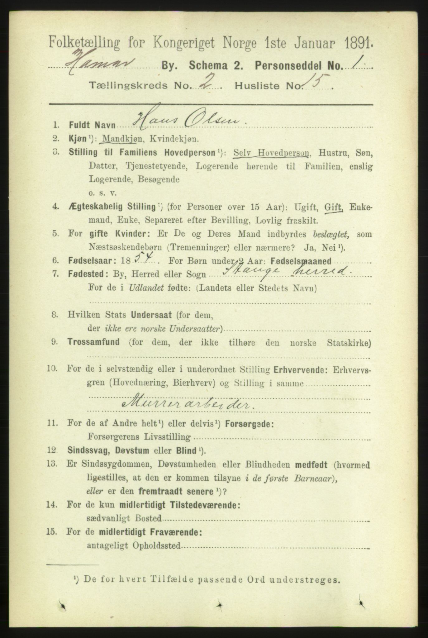 RA, 1891 census for 0401 Hamar, 1891, p. 1190