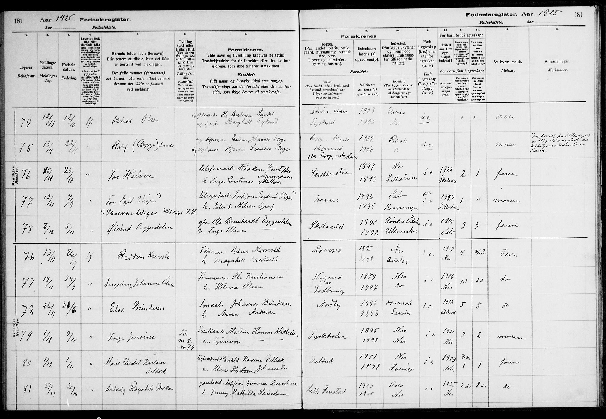 Nes prestekontor Kirkebøker, AV/SAO-A-10410/J/Ja/L0001: Birth register no. 1, 1916-1926, p. 181