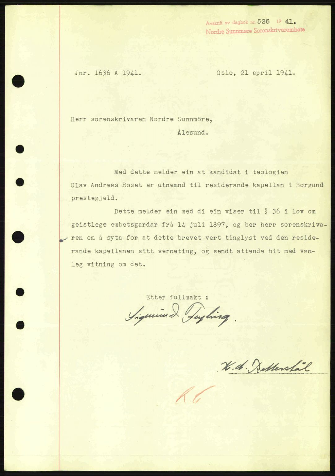Nordre Sunnmøre sorenskriveri, SAT/A-0006/1/2/2C/2Ca: Mortgage book no. B1-6, 1938-1942, Diary no: : 536/1941