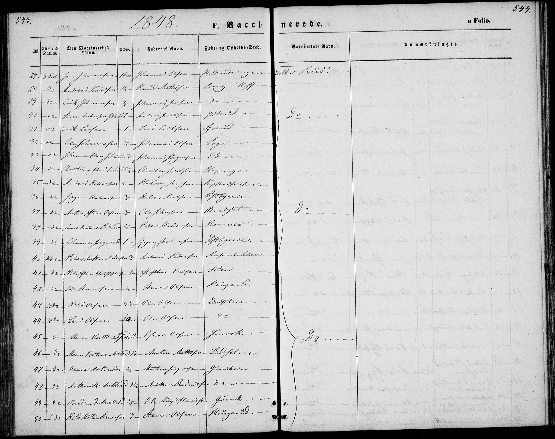 Hof kirkebøker, AV/SAKO-A-64/F/Fa/L0005: Parish register (official) no. I 5, 1844-1851, p. 543-544