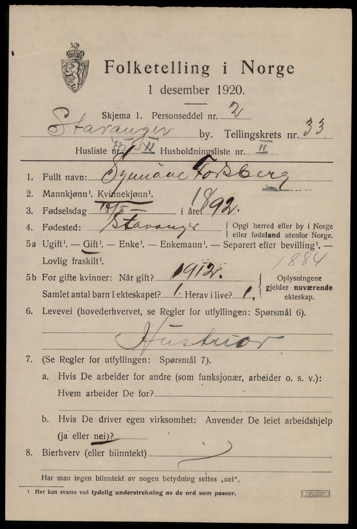 SAST, 1920 census for Stavanger, 1920, p. 91808