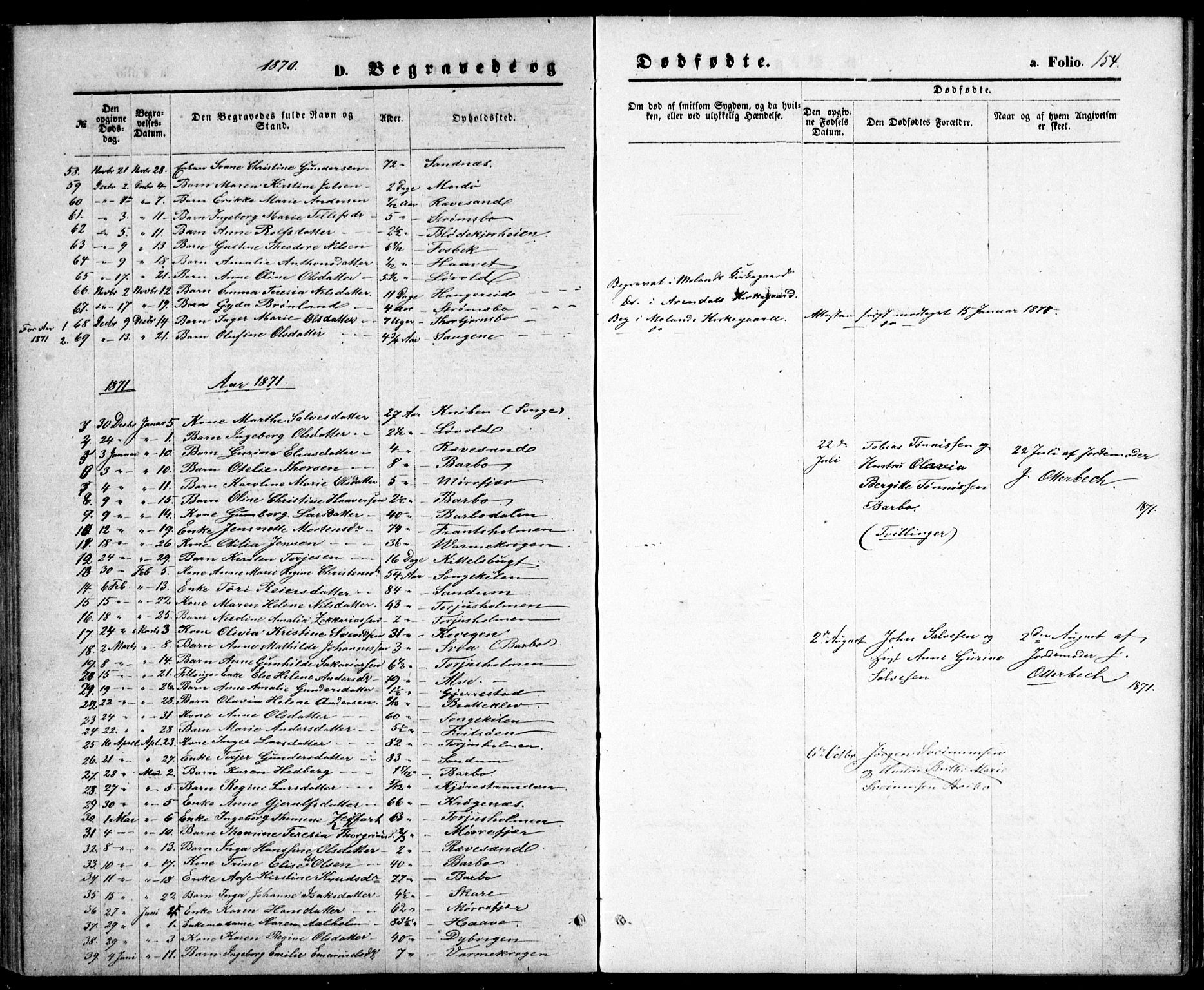 Tromøy sokneprestkontor, SAK/1111-0041/F/Fb/L0004: Parish register (copy) no. B 4, 1869-1877, p. 154