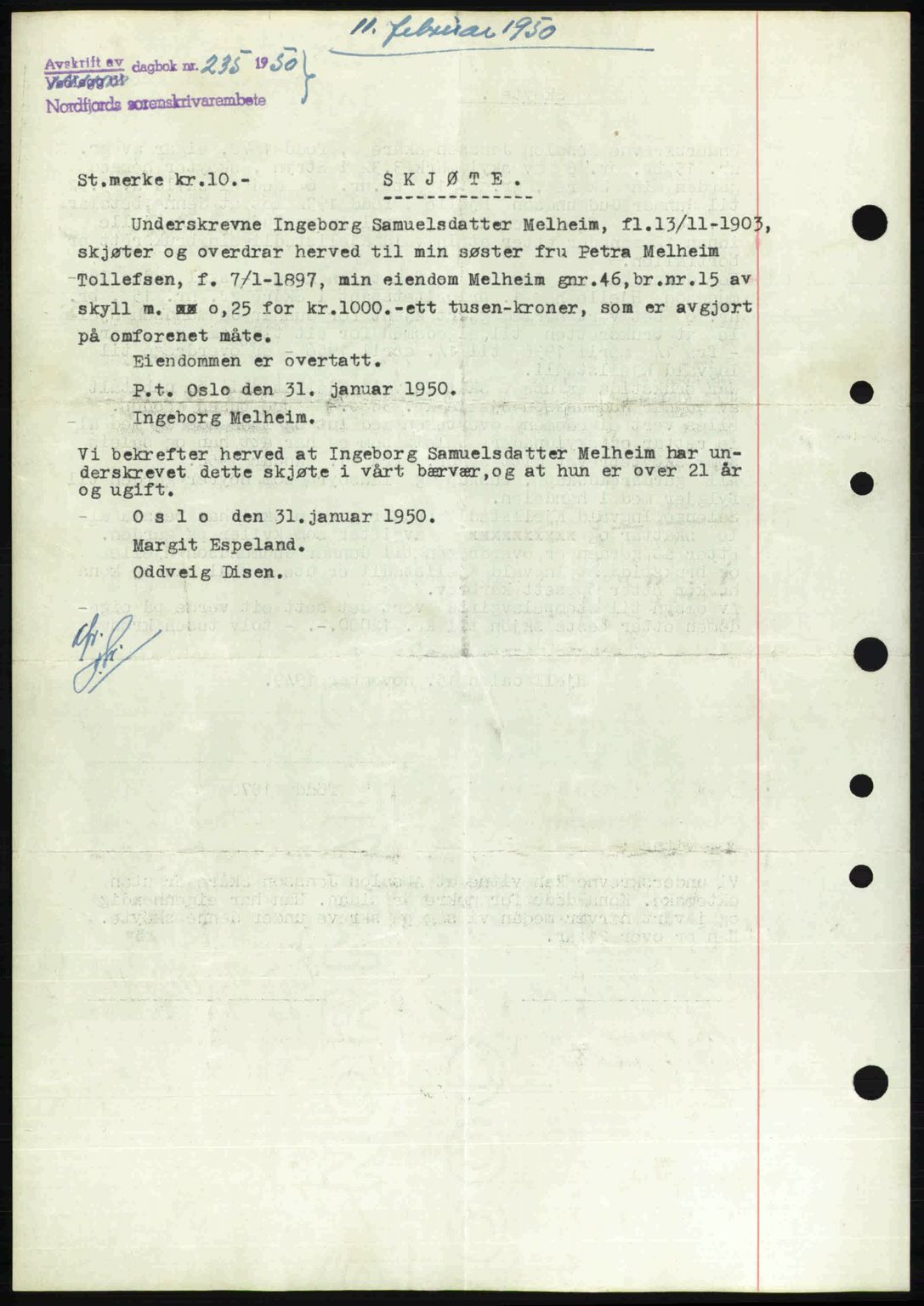 Nordfjord sorenskriveri, SAB/A-2801/02/02b/02bj/L0016a: Mortgage book no. A16 I, 1949-1950, Diary no: : 235/1950