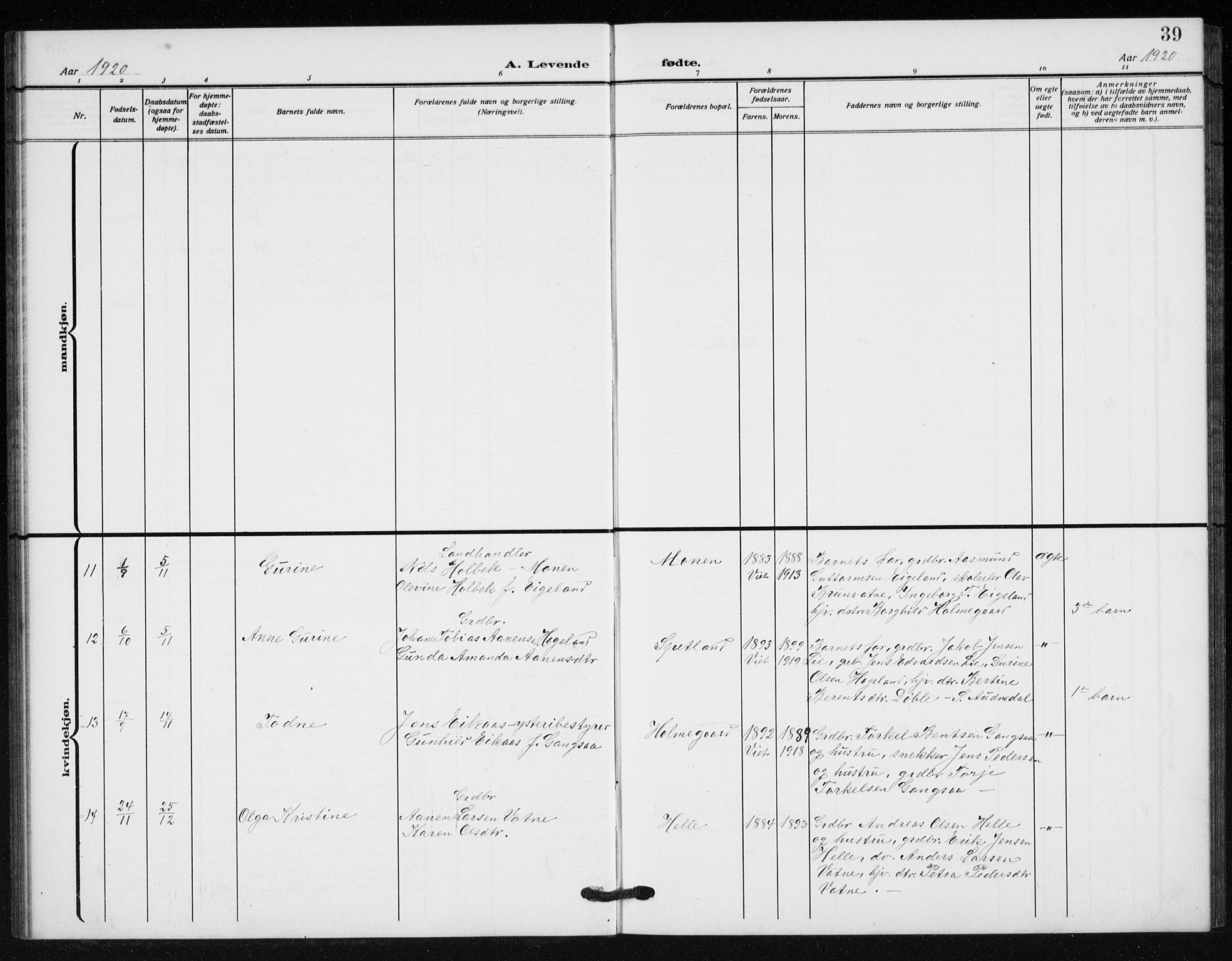 Holum sokneprestkontor, SAK/1111-0022/F/Fb/Fba/L0006: Parish register (copy) no. B 6, 1910-1936, p. 39