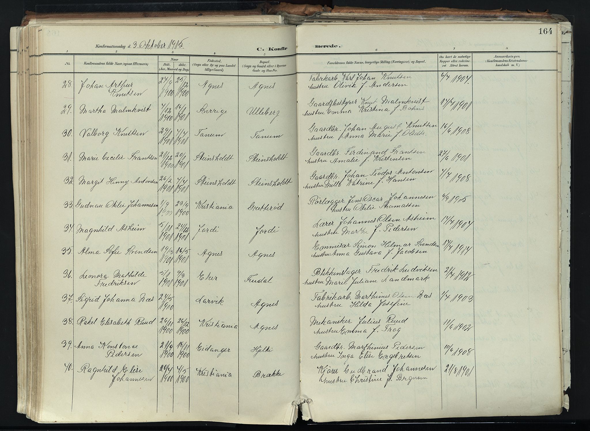 Brunlanes kirkebøker, SAKO/A-342/F/Fc/L0003: Parish register (official) no. III 3, 1900-1922, p. 164