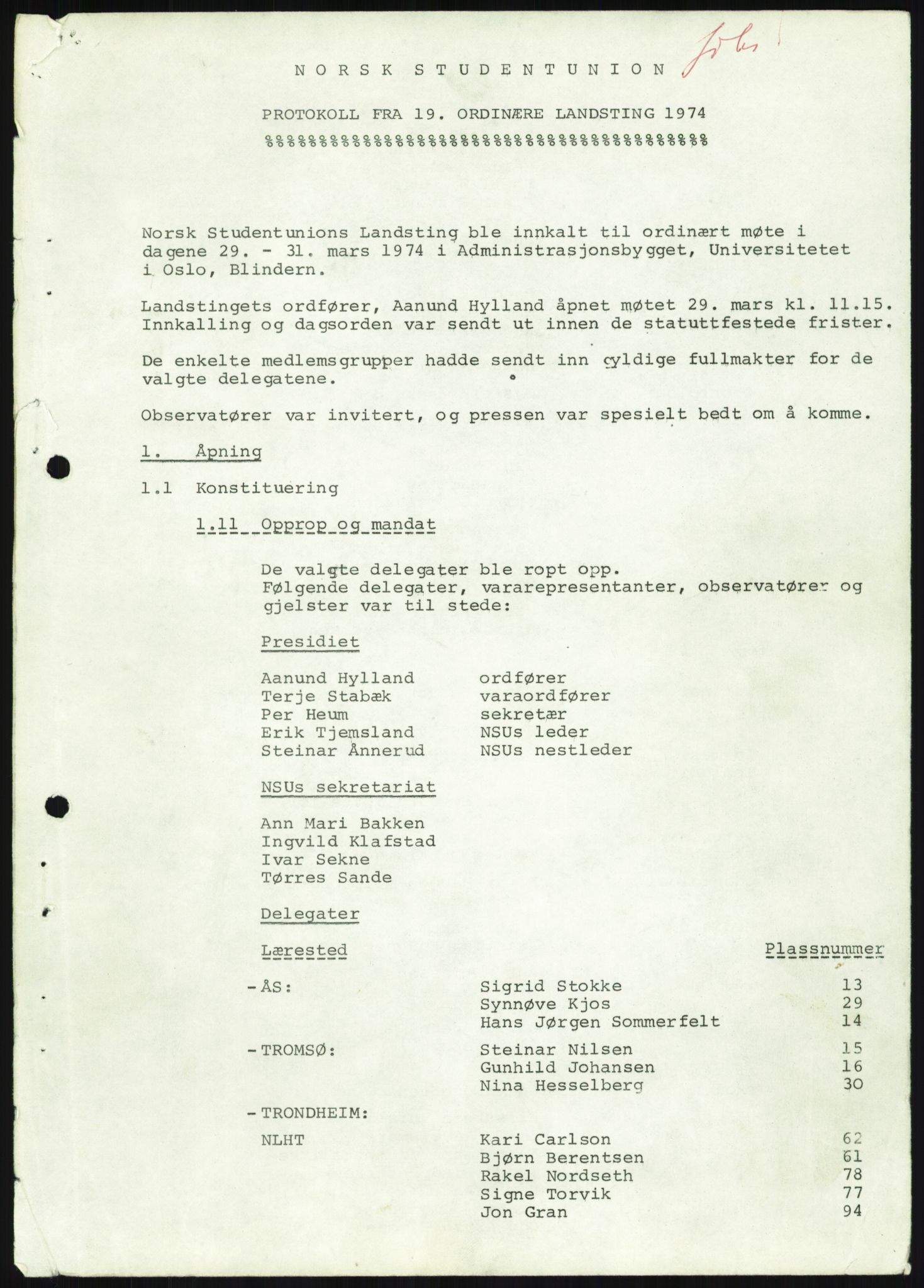 Norsk Studentunion, AV/RA-PA-0794/Fg/L0067: Landstinget, 1968-1979