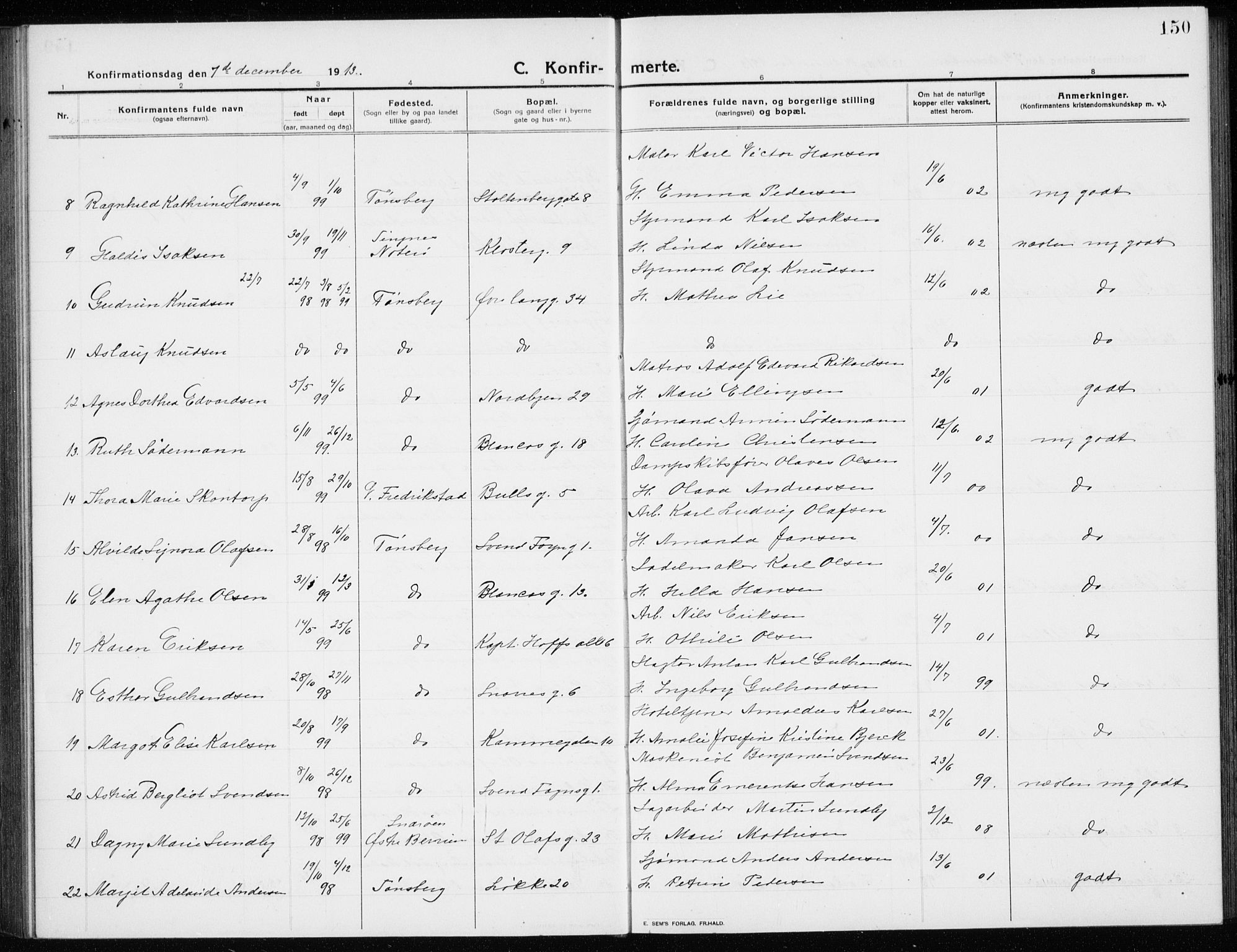 Tønsberg kirkebøker, AV/SAKO-A-330/G/Ga/L0009: Parish register (copy) no. 9, 1913-1920, p. 150