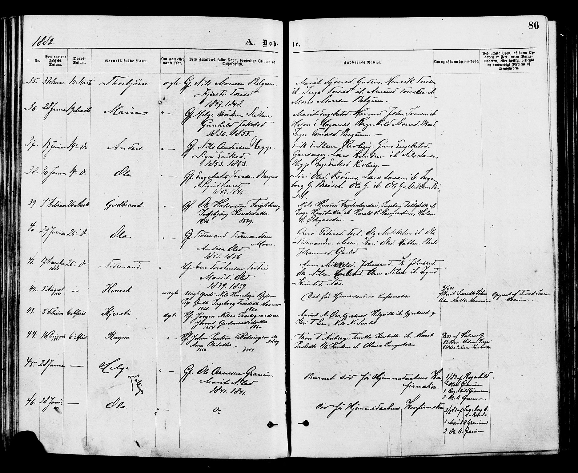 Nord-Aurdal prestekontor, AV/SAH-PREST-132/H/Ha/Haa/L0009: Parish register (official) no. 9, 1876-1882, p. 86