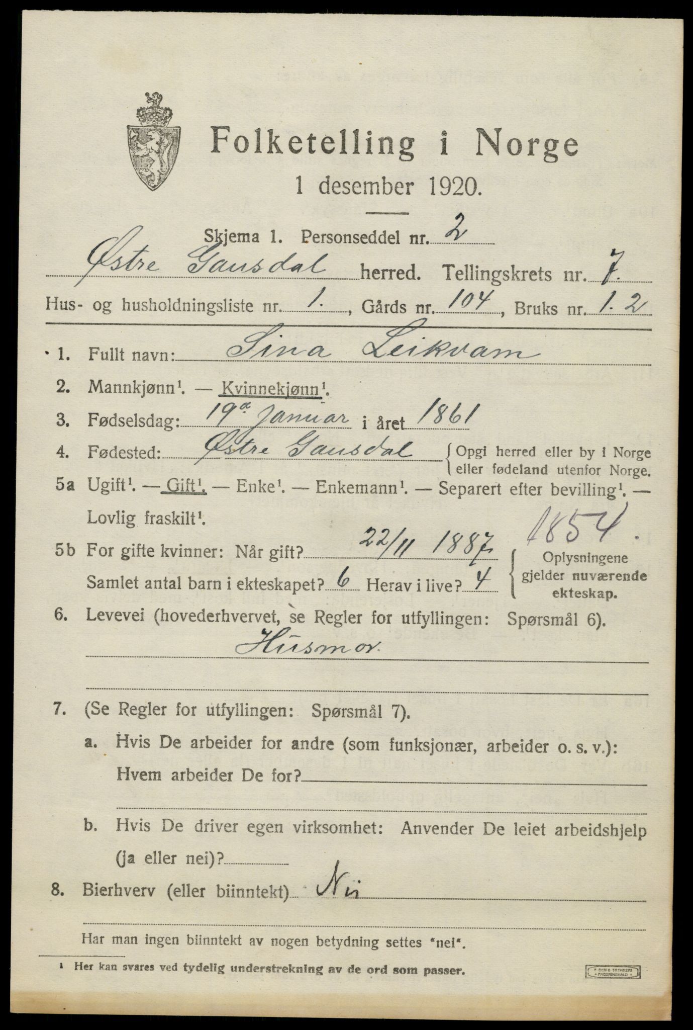 SAH, 1920 census for Østre Gausdal, 1920, p. 3850