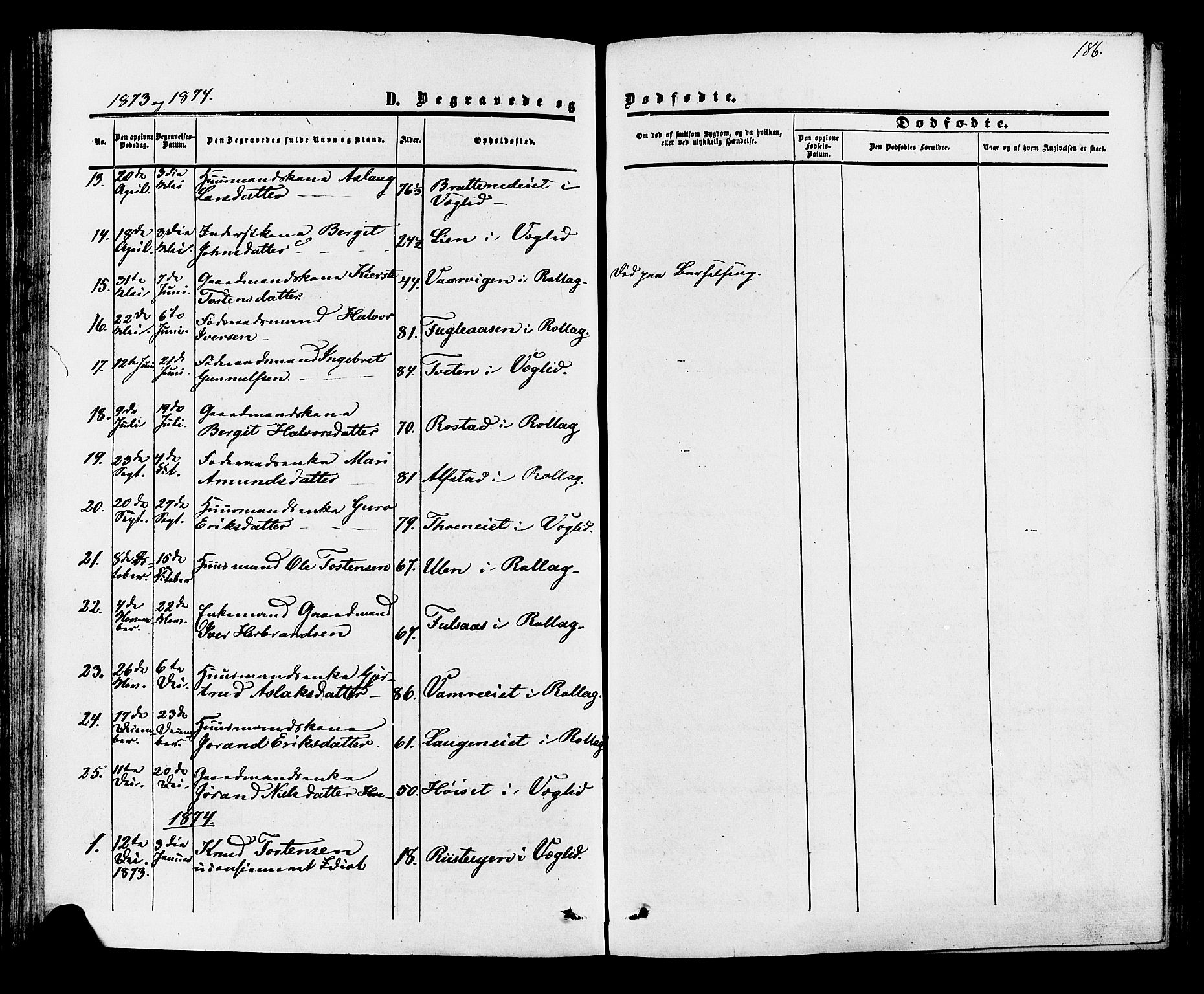 Rollag kirkebøker, AV/SAKO-A-240/F/Fa/L0009: Parish register (official) no. I 9, 1860-1874, p. 186
