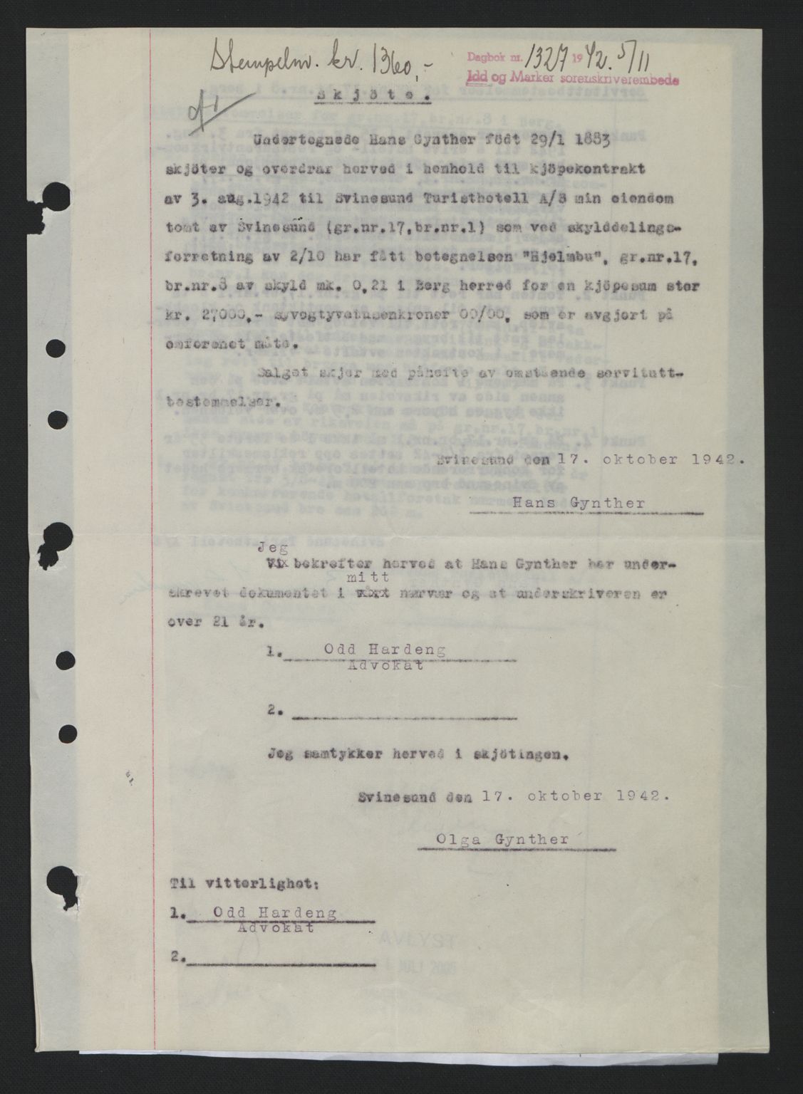 Idd og Marker sorenskriveri, AV/SAO-A-10283/G/Gb/Gbb/L0005: Mortgage book no. A5, 1941-1943, Diary no: : 1327/1942