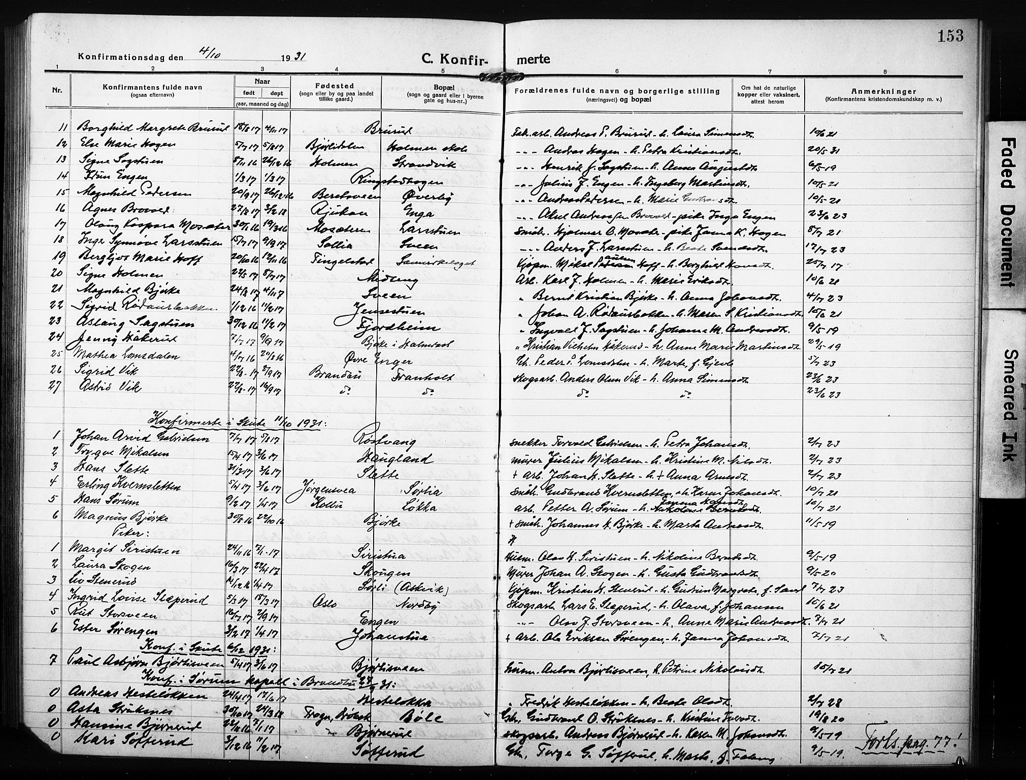 Søndre Land prestekontor, AV/SAH-PREST-122/L/L0007: Parish register (copy) no. 7, 1915-1932, p. 153