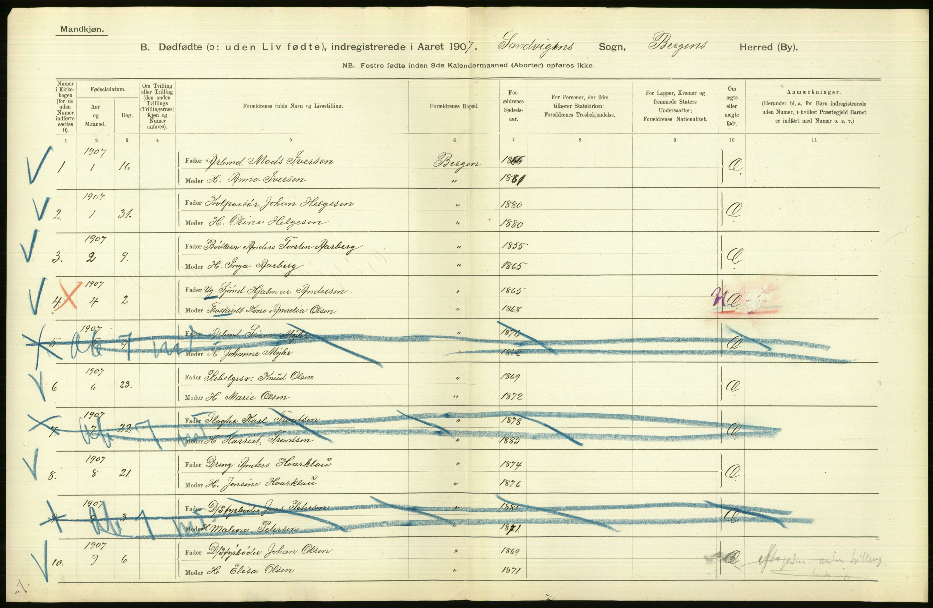 Statistisk sentralbyrå, Sosiodemografiske emner, Befolkning, AV/RA-S-2228/D/Df/Dfa/Dfae/L0031: Bergen: gifte, døde, dødfødte., 1907, p. 434