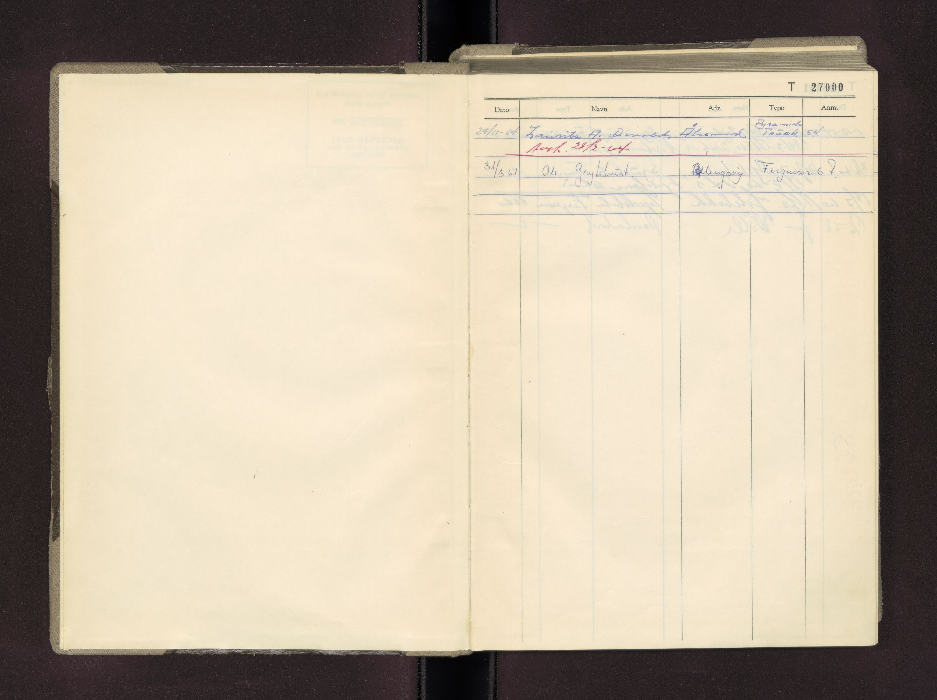Møre og Romsdal vegkontor - Ålesund trafikkstasjon, AV/SAT-A-4099/F/Fc/L0027: Bilregister; T 27000 - T 27499, 1950-1970