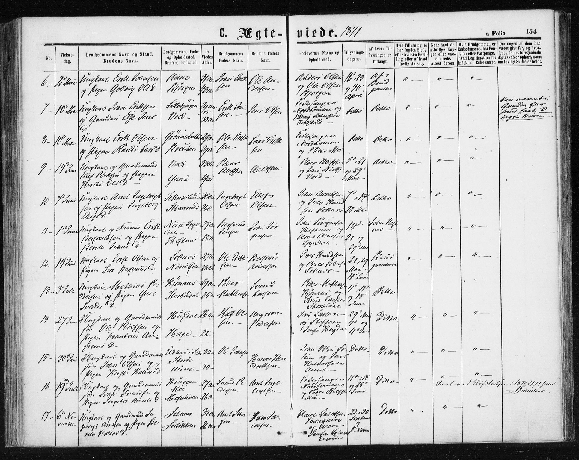 Ministerialprotokoller, klokkerbøker og fødselsregistre - Sør-Trøndelag, SAT/A-1456/687/L1001: Parish register (official) no. 687A07, 1863-1878, p. 154
