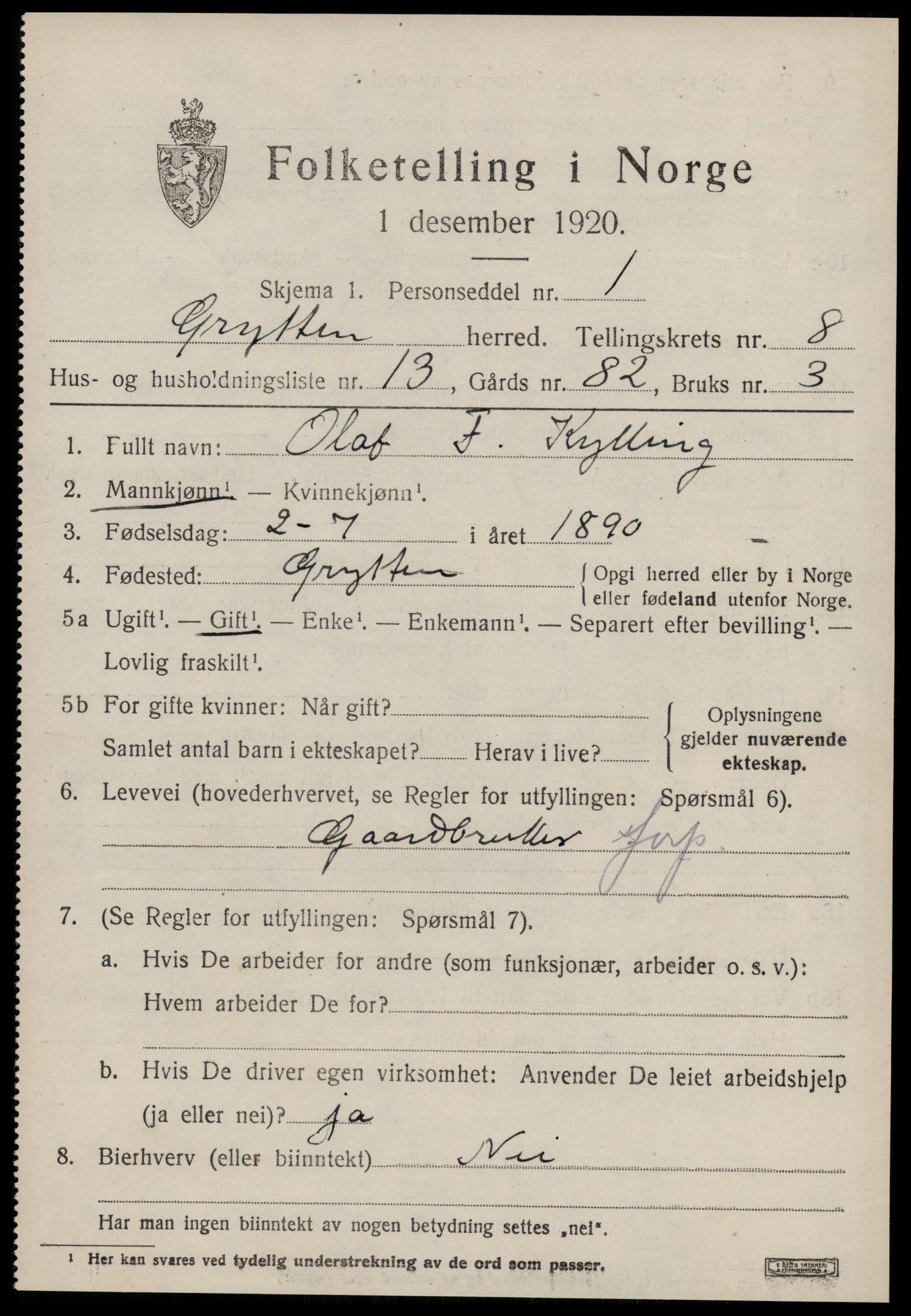 SAT, 1920 census for Grytten, 1920, p. 6120