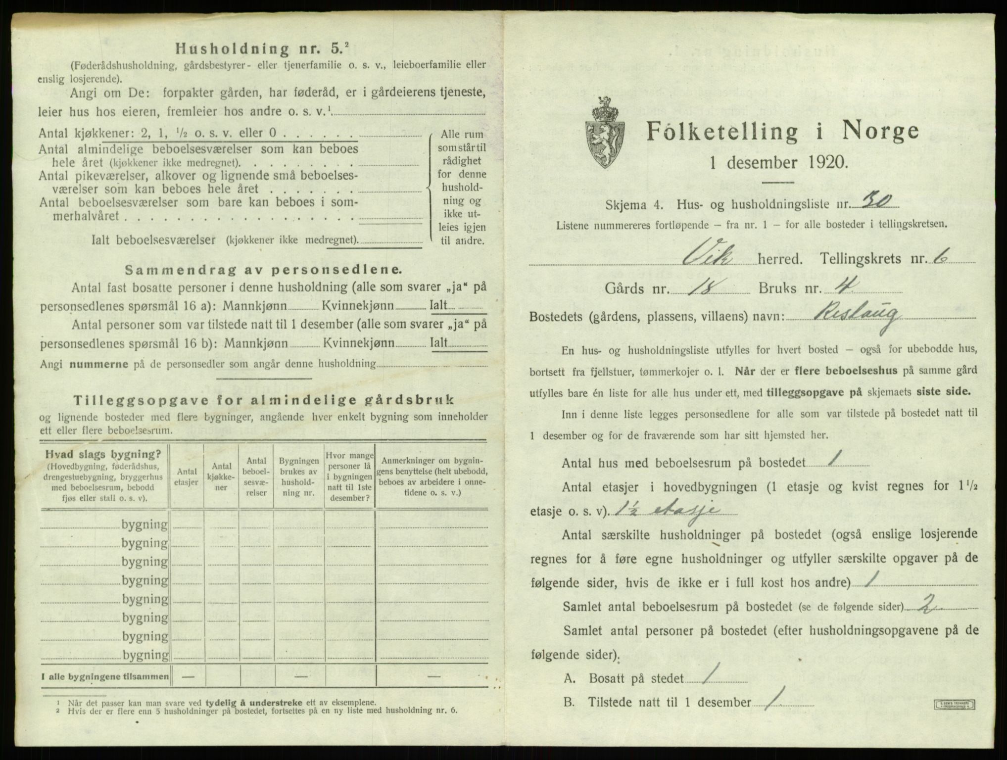 SAB, 1920 census for Vik, 1920, p. 754