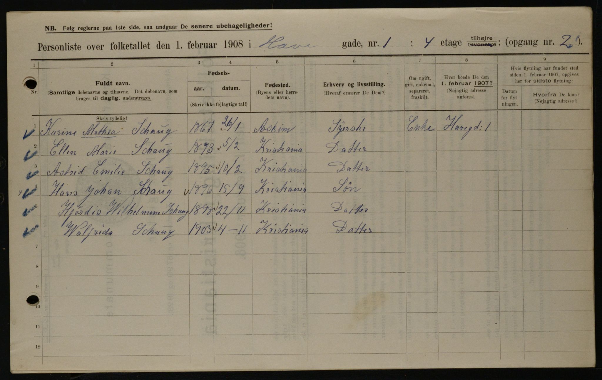 OBA, Municipal Census 1908 for Kristiania, 1908, p. 30115