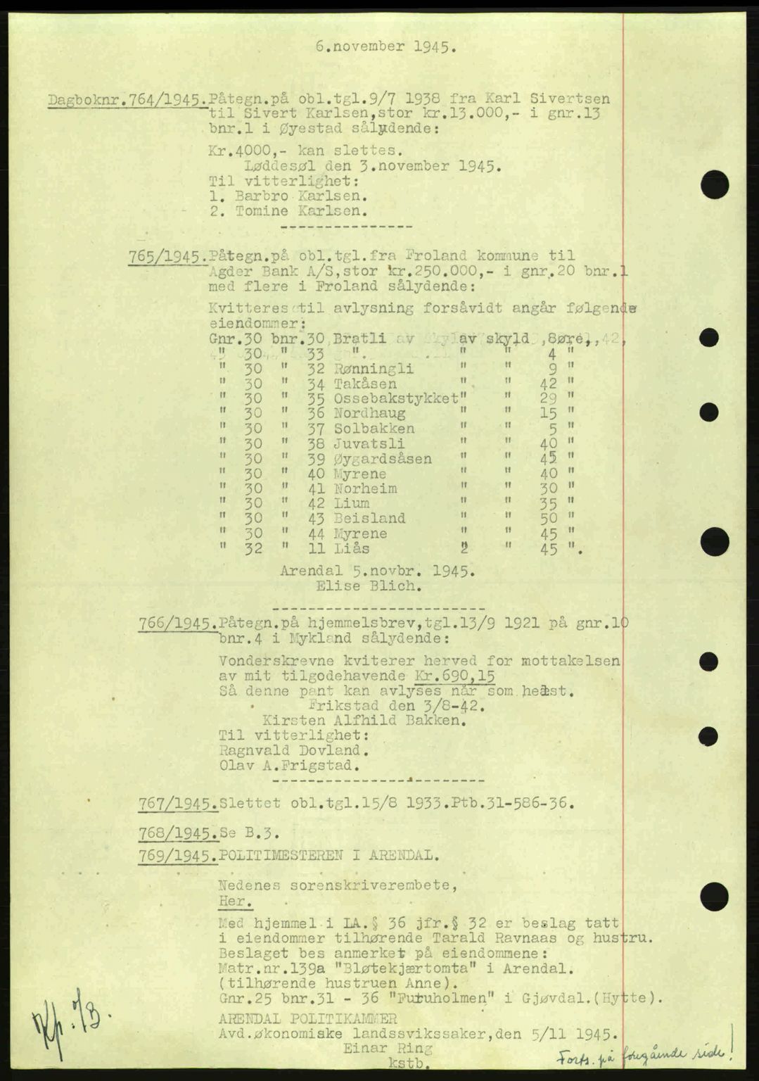 Nedenes sorenskriveri, SAK/1221-0006/G/Gb/Gba/L0053: Mortgage book no. A6b, 1945-1945, Diary no: : 773/1945