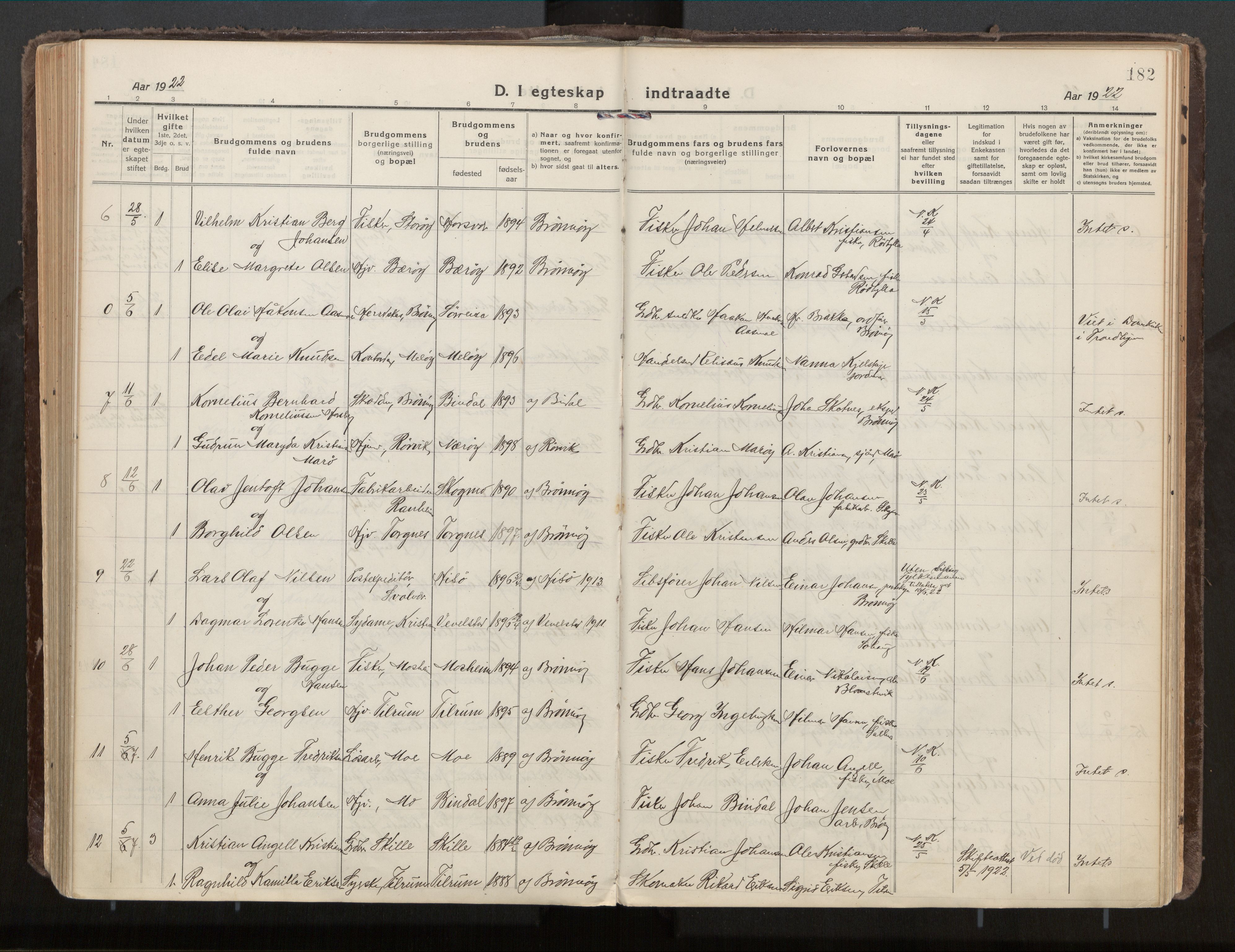 Ministerialprotokoller, klokkerbøker og fødselsregistre - Nordland, SAT/A-1459/813/L0207a: Parish register (official) no. 813A18, 1919-1927, p. 182