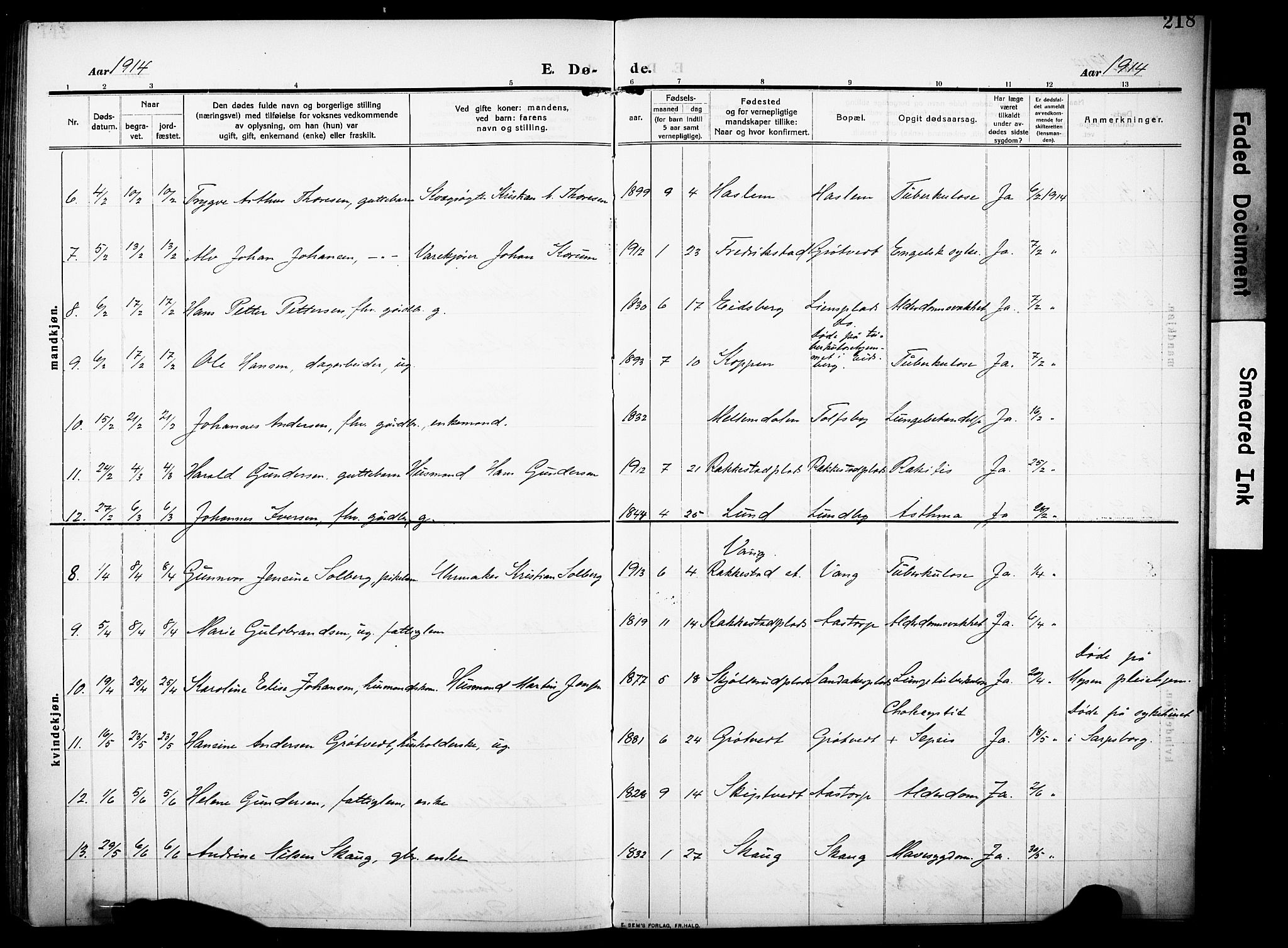 Rakkestad prestekontor Kirkebøker, AV/SAO-A-2008/F/Fa/L0015: Parish register (official) no. I 15, 1909-1922, p. 218