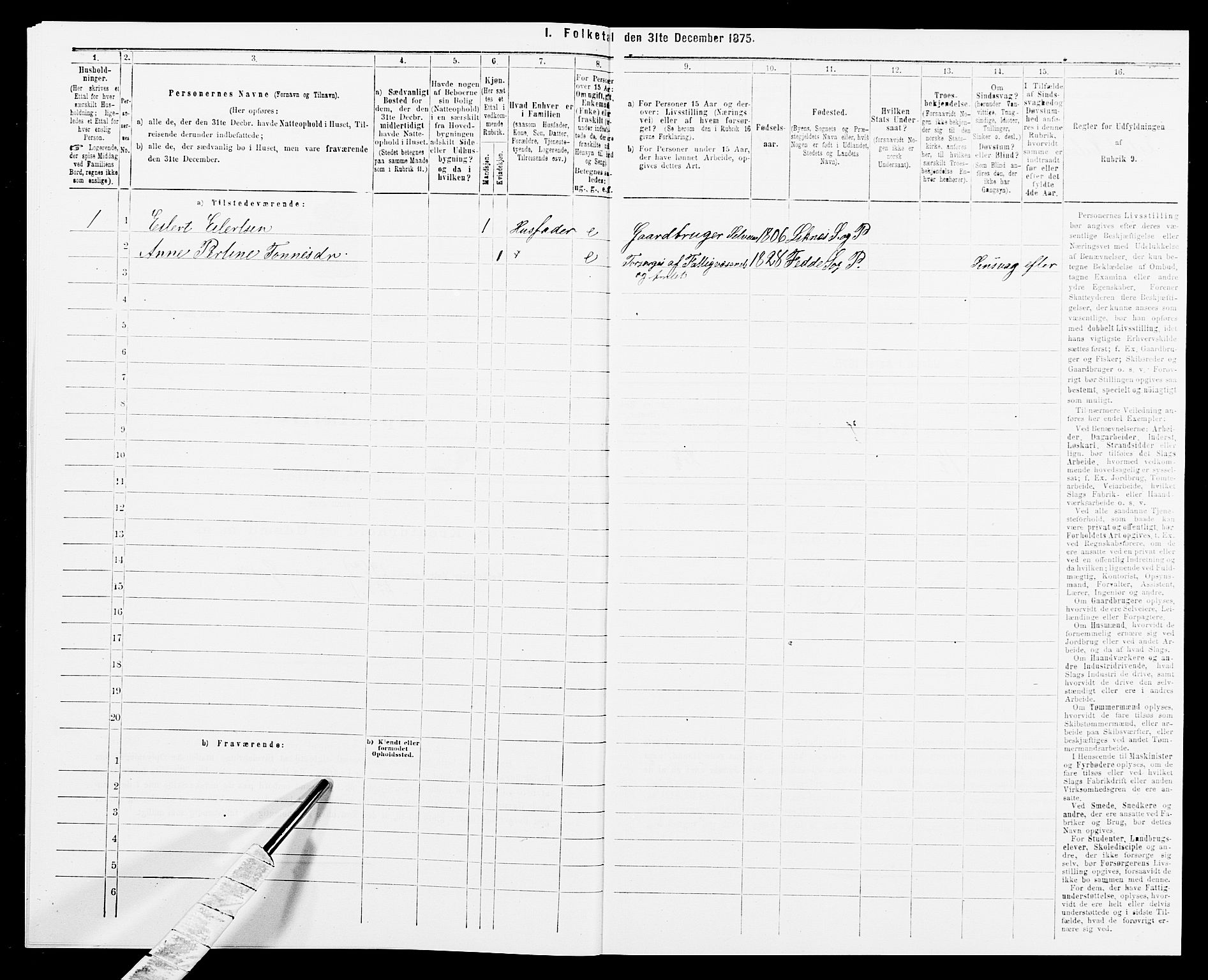 SAK, 1875 census for 1037P Kvinesdal, 1875, p. 96