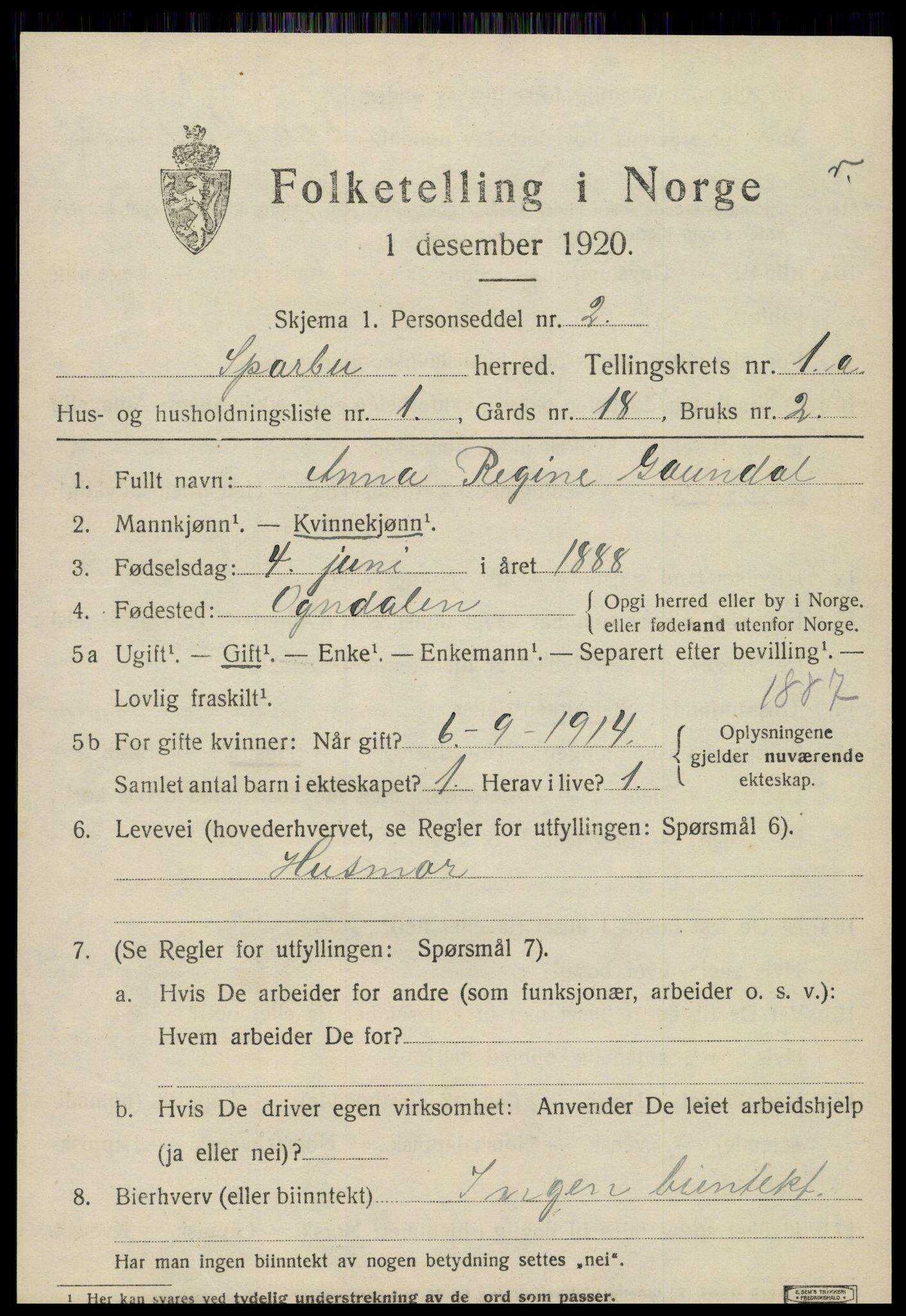 SAT, 1920 census for Sparbu, 1920, p. 1005