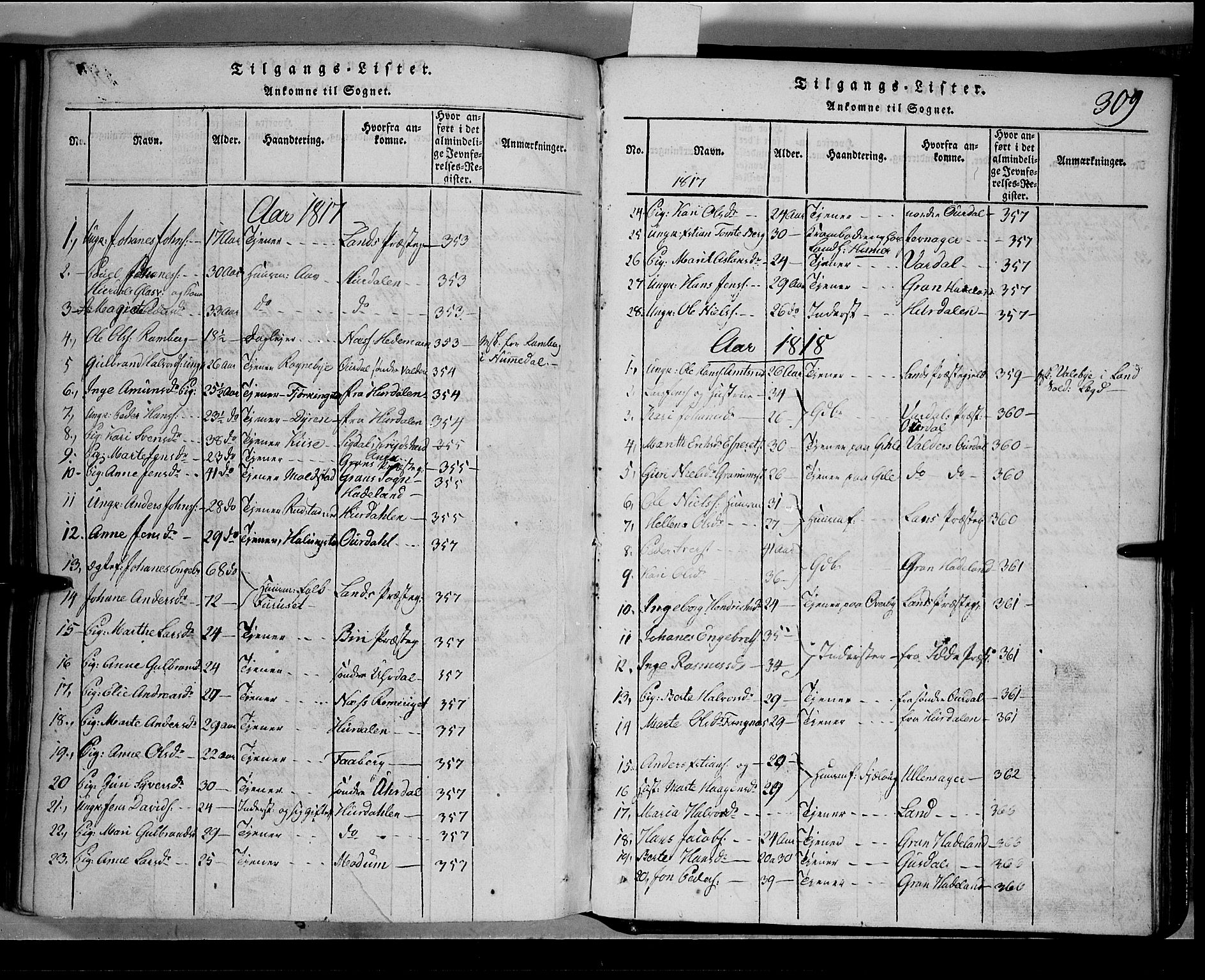 Toten prestekontor, SAH/PREST-102/H/Ha/Hab/L0001: Parish register (copy) no. 1, 1814-1820, p. 309